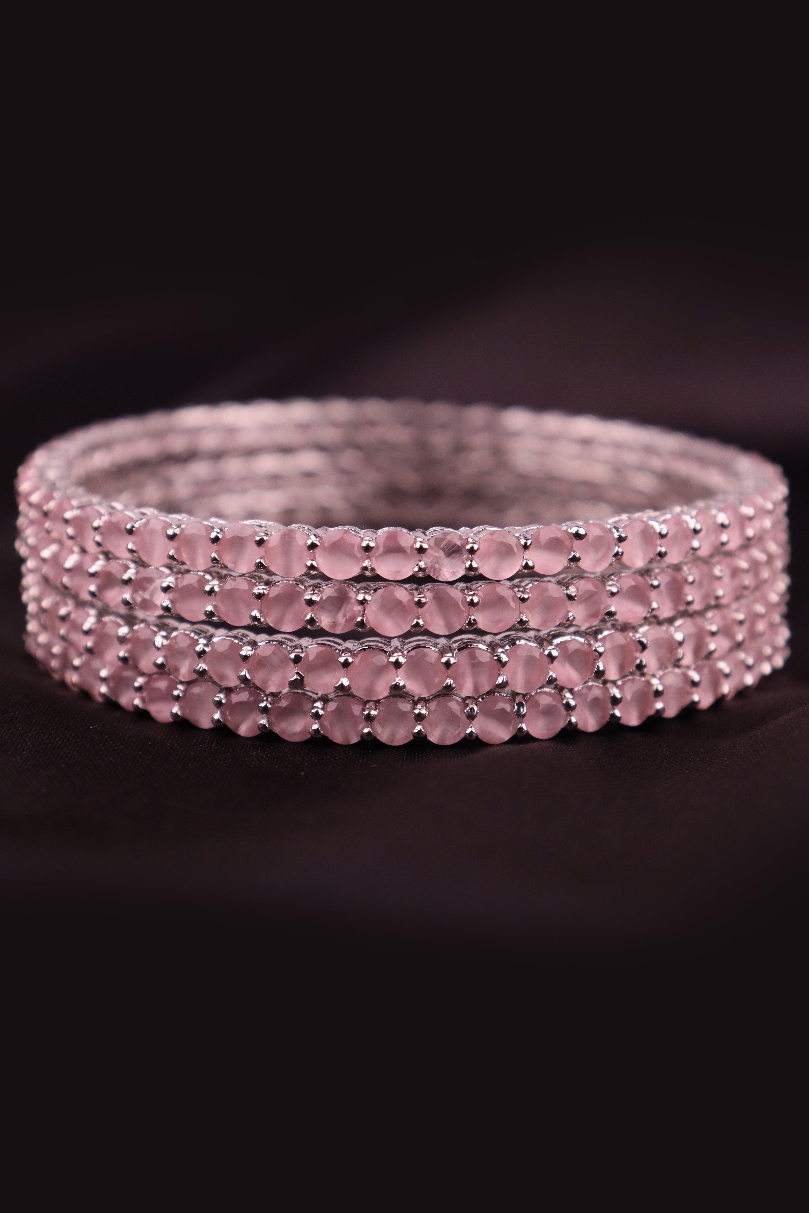 SILVER PLATED PINK STONED BANGLES FOR WOMEN'S AND GIRLS - SET OF 4 GRABO365