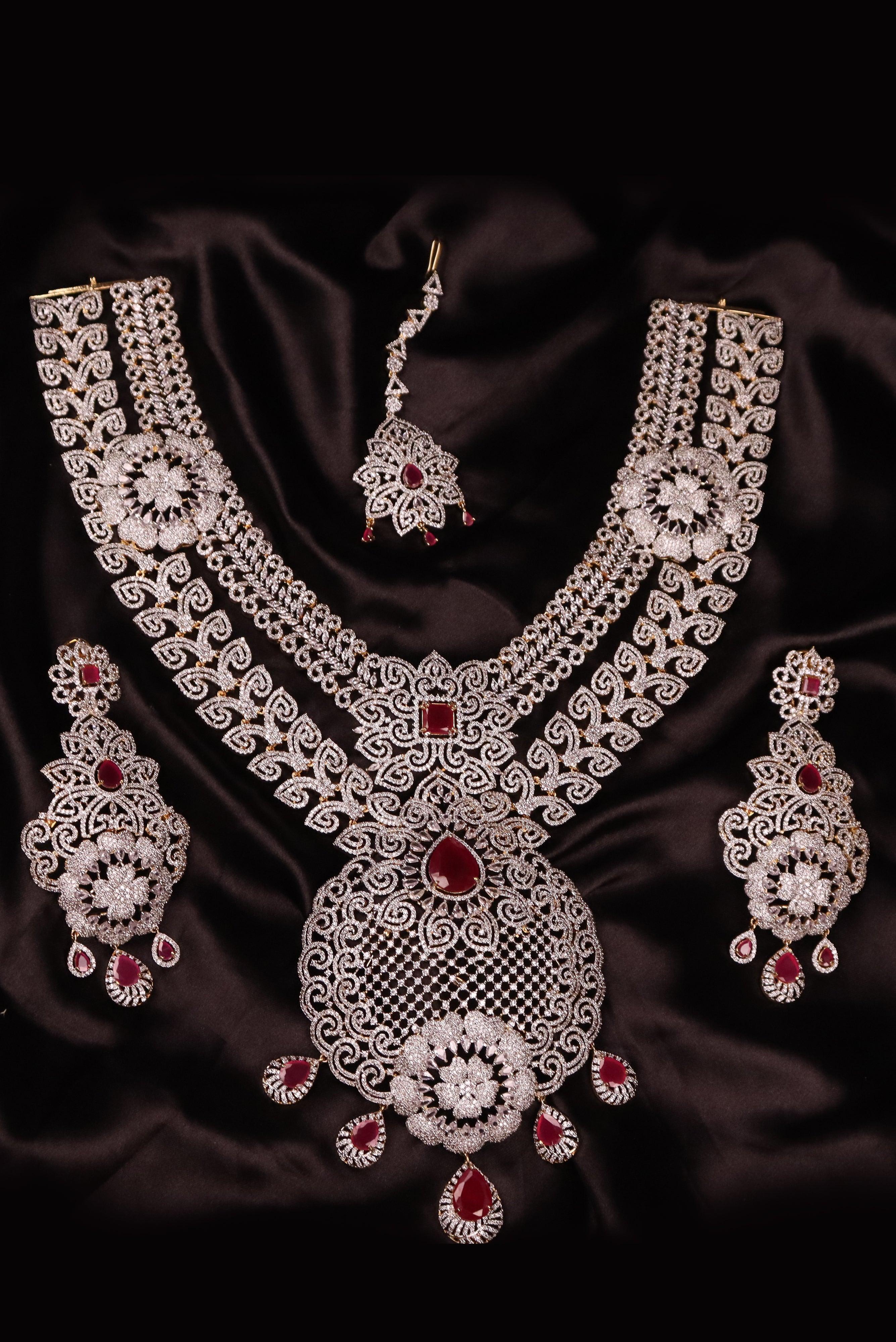 GRAND AMERICAN DIAMOND PREMIUM BRIDAL HARAM/NECKLACE SET WITH TIKKA GRABO365