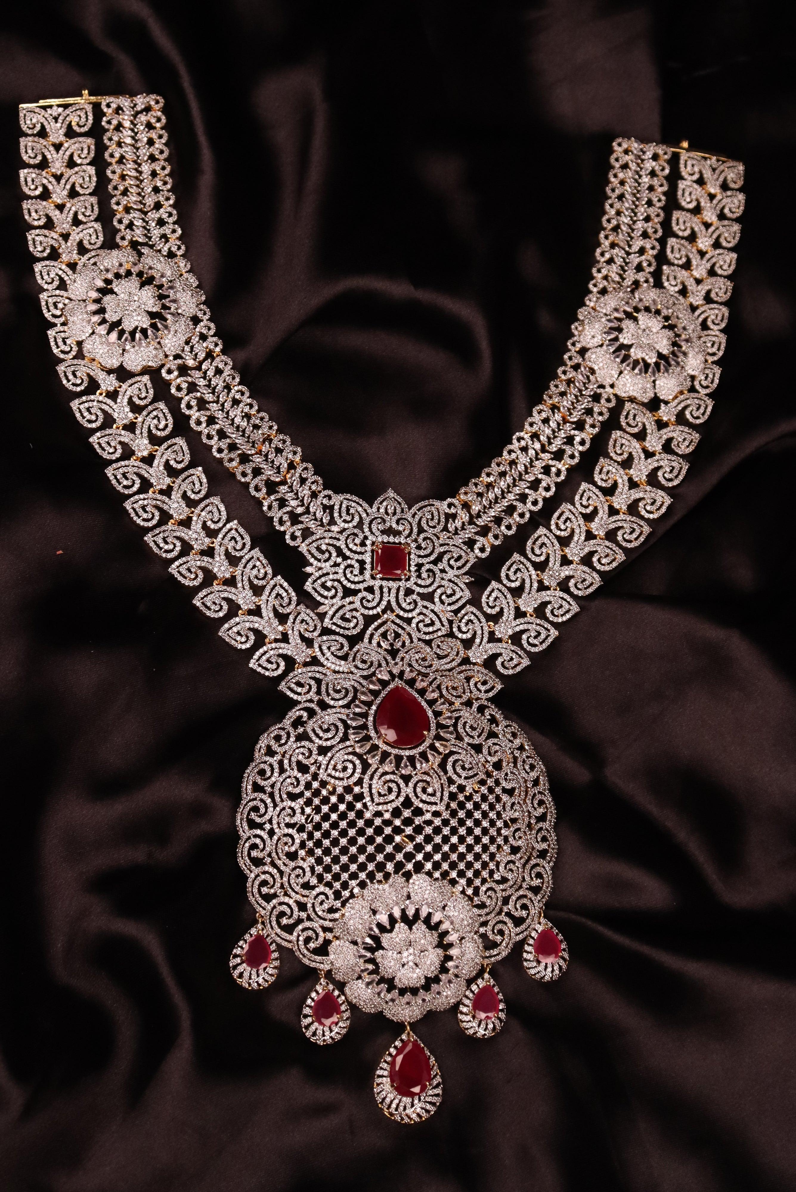 GRAND AMERICAN DIAMOND PREMIUM BRIDAL HARAM/NECKLACE SET WITH TIKKA GRABO365