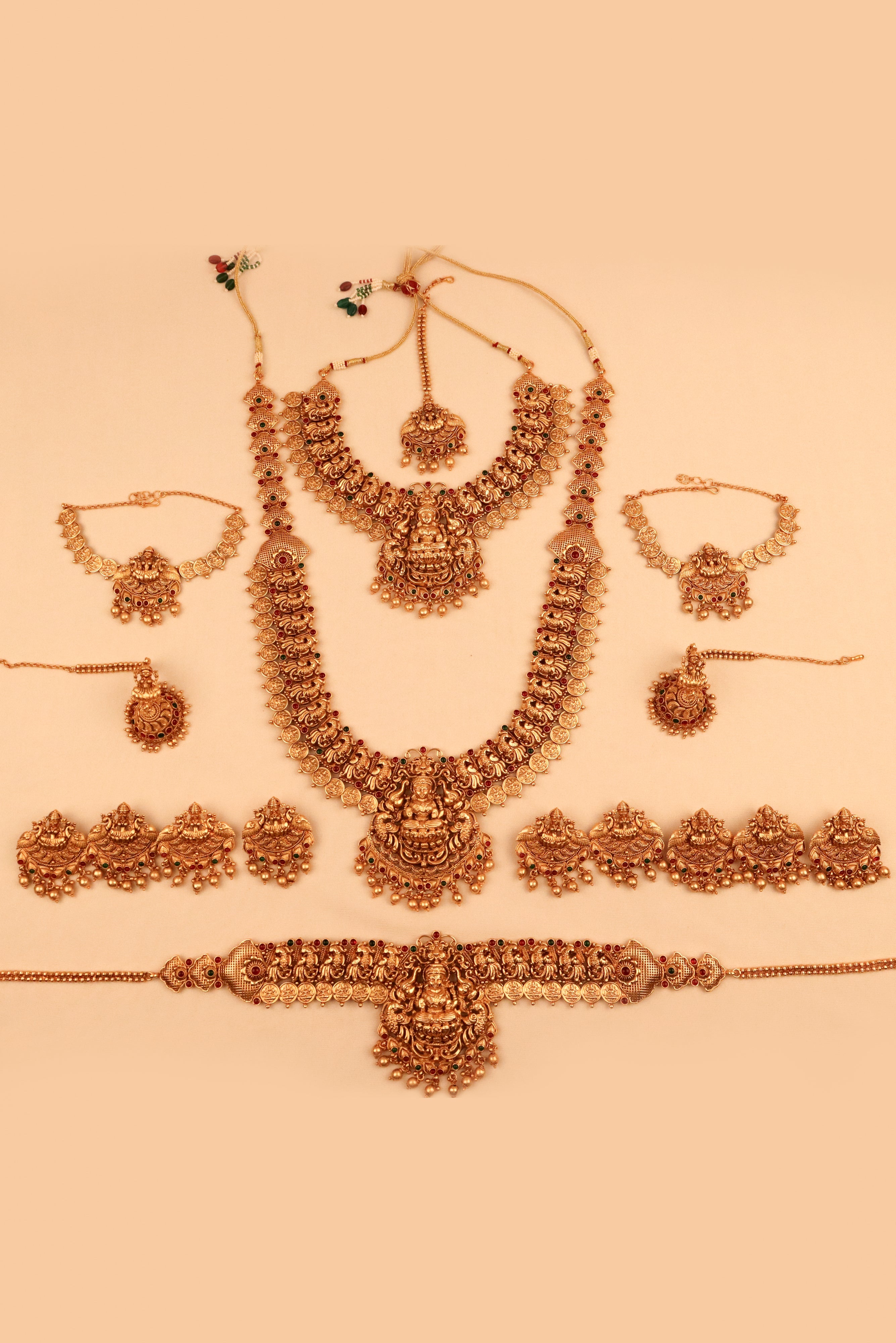 PREMIUM ANTIQUE GODDESS LAXMI PEACOCK TEMPLE FULL BRIDAL SET GRABO365