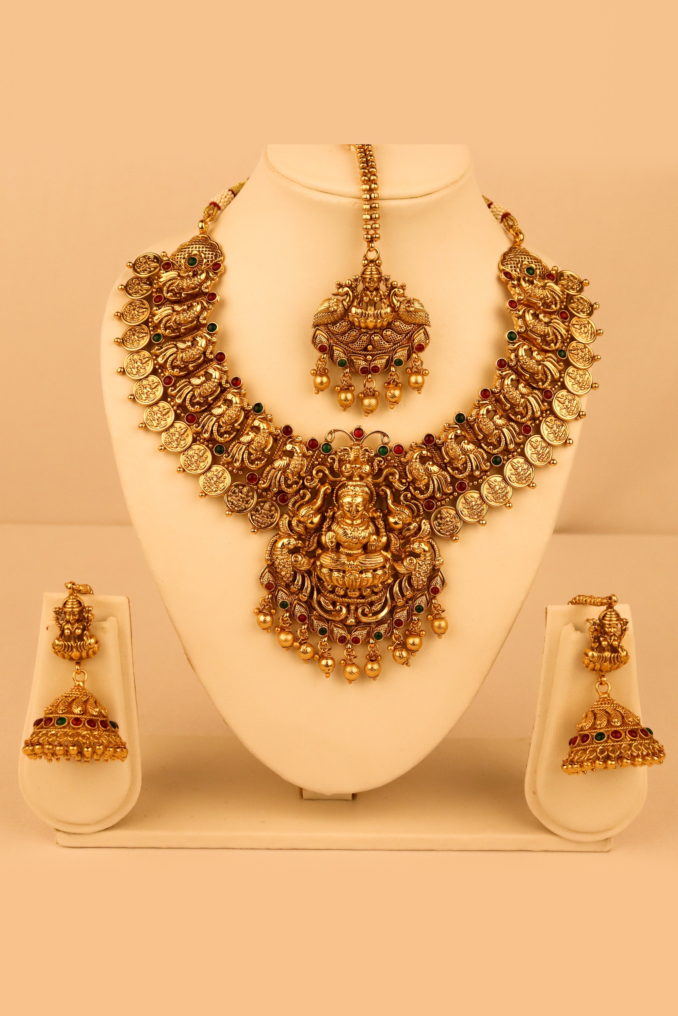 PREMIUM ANTIQUE GODDESS LAXMI PEACOCK TEMPLE FULL BRIDAL SET GRABO365