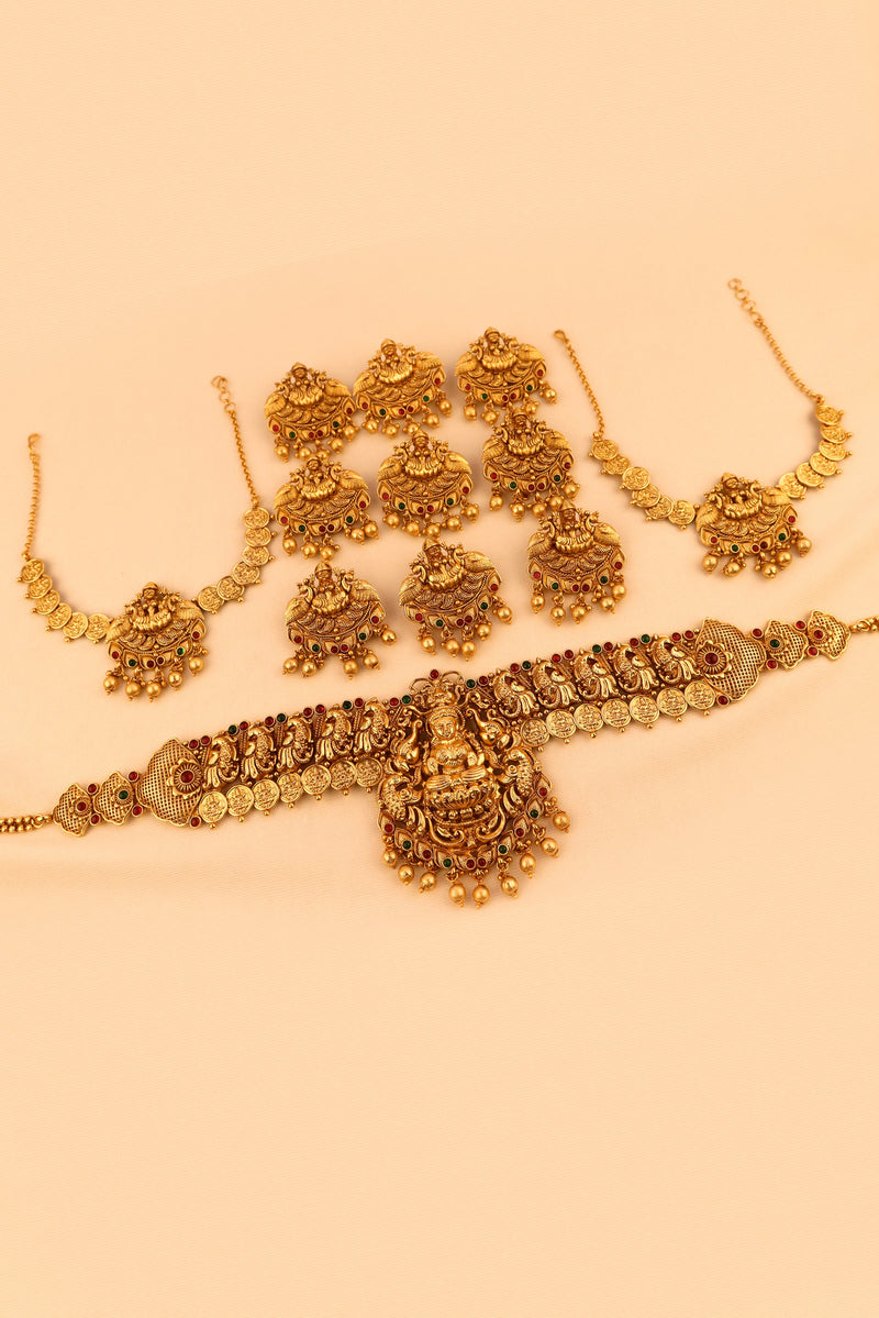 PREMIUM ANTIQUE GODDESS LAXMI PEACOCK TEMPLE FULL BRIDAL SET GRABO365