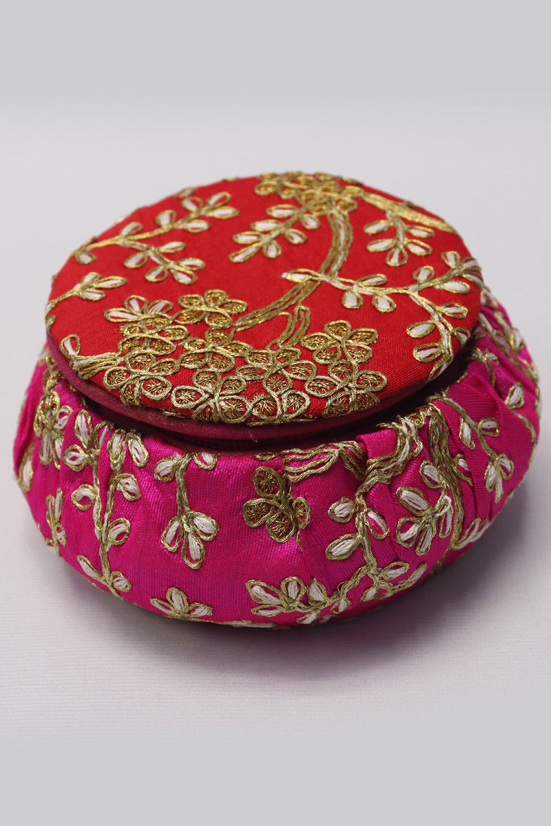 WOMENS/GIRLS EMBROIDERY JEWELLERY ROUND BANGLE BOX - RED & PINK GRABO365