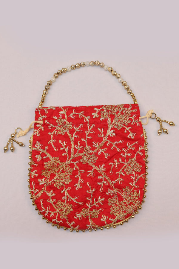 ROYAL ANGURI ZARI EMBROIDERY WORK POTLI BAG FOR WOMEN - RED GRABO365