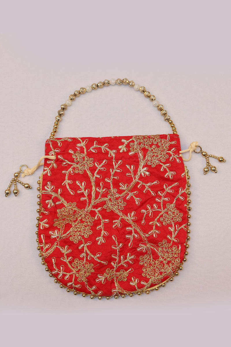 ROYAL ANGURI ZARI EMBROIDERY WORK POTLI BAG FOR WOMEN - RED GRABO365