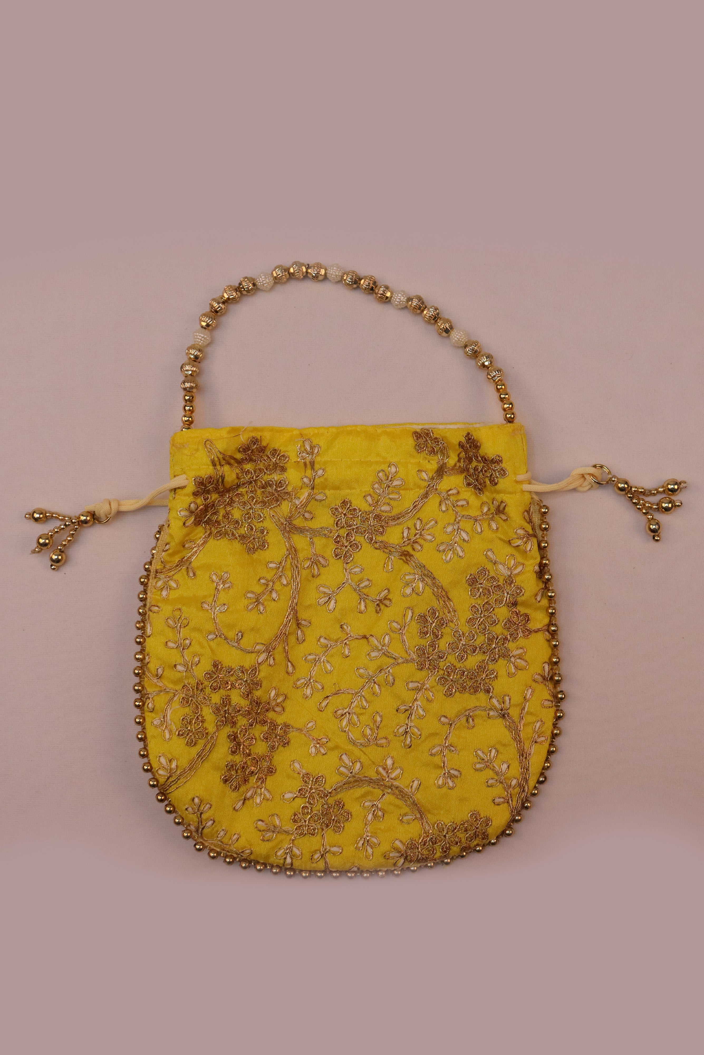 ROYAL ANGURI ZARI EMBROIDERY WORK POTLI BAG FOR WOMEN - YELLOW GRABO365