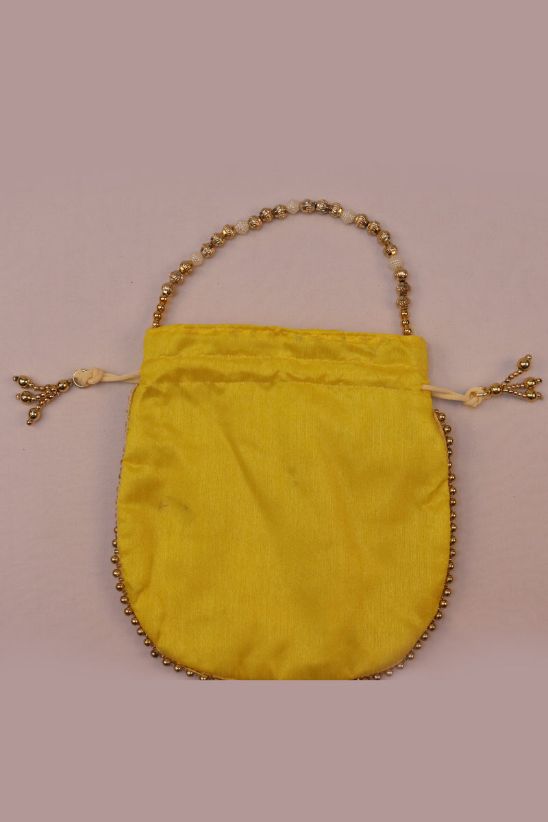 ROYAL ANGURI ZARI EMBROIDERY WORK POTLI BAG FOR WOMEN - YELLOW GRABO365