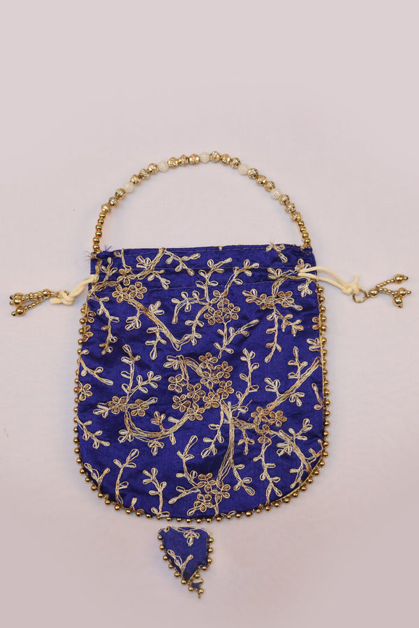 ROYAL ANGURI ZARI EMBROIDERY WORK POTLI BAG FOR WOMEN - BLUE GRABO365