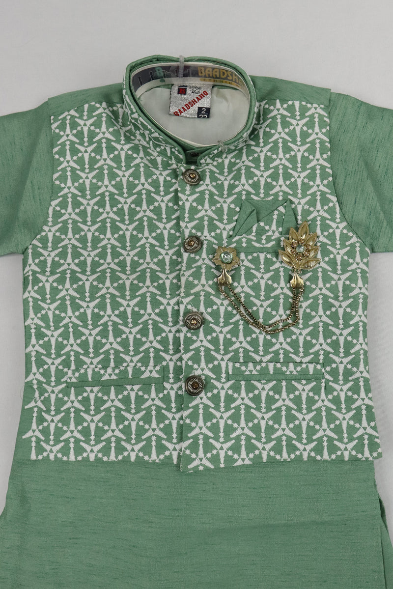 PISTA GREEN BOYS 3PCS KURTA PYJAMA WITH JACKET SET GRABO365