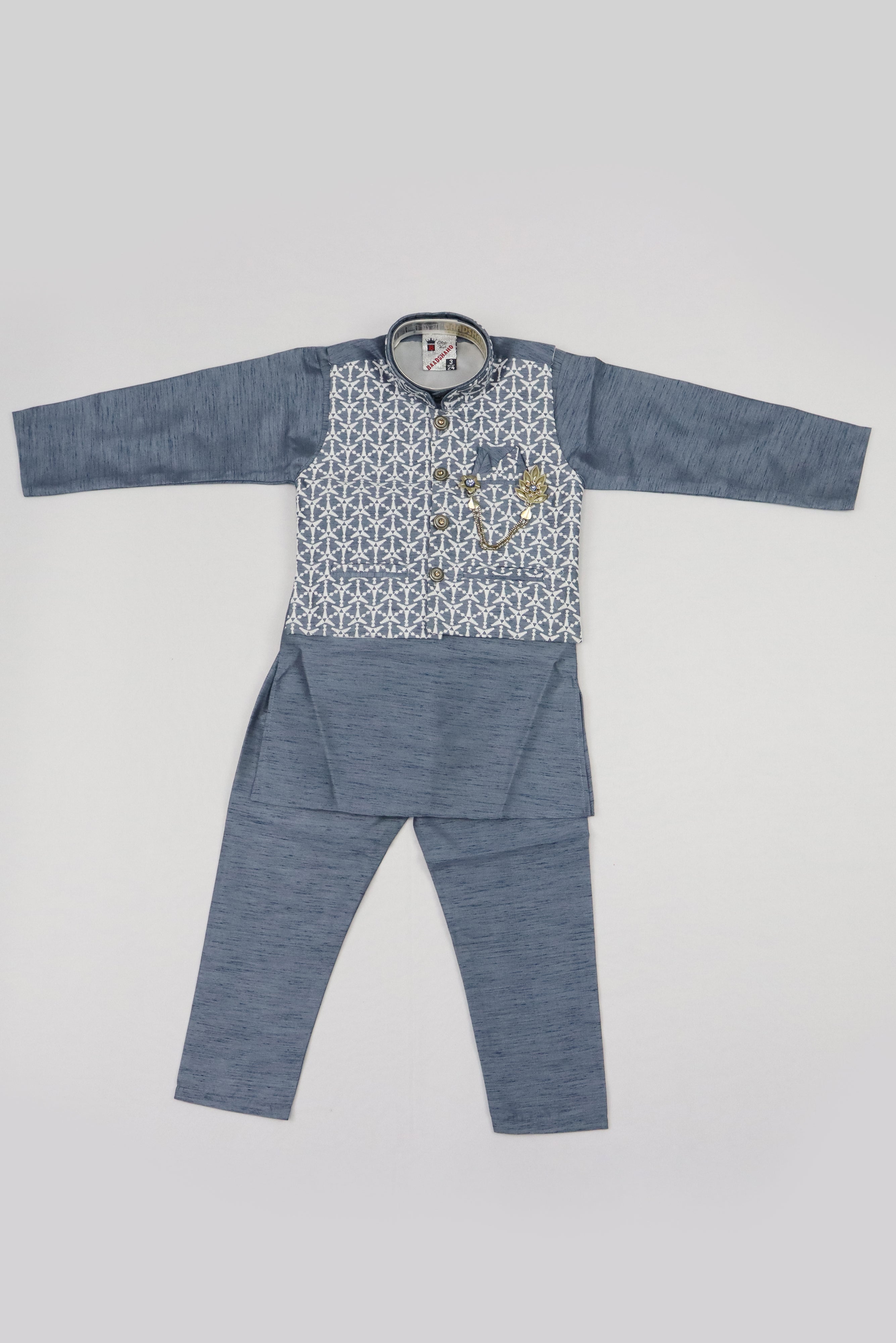 GREY BOYS 3PCS KURTA PYJAMA WITH JACKET SET GRABO365