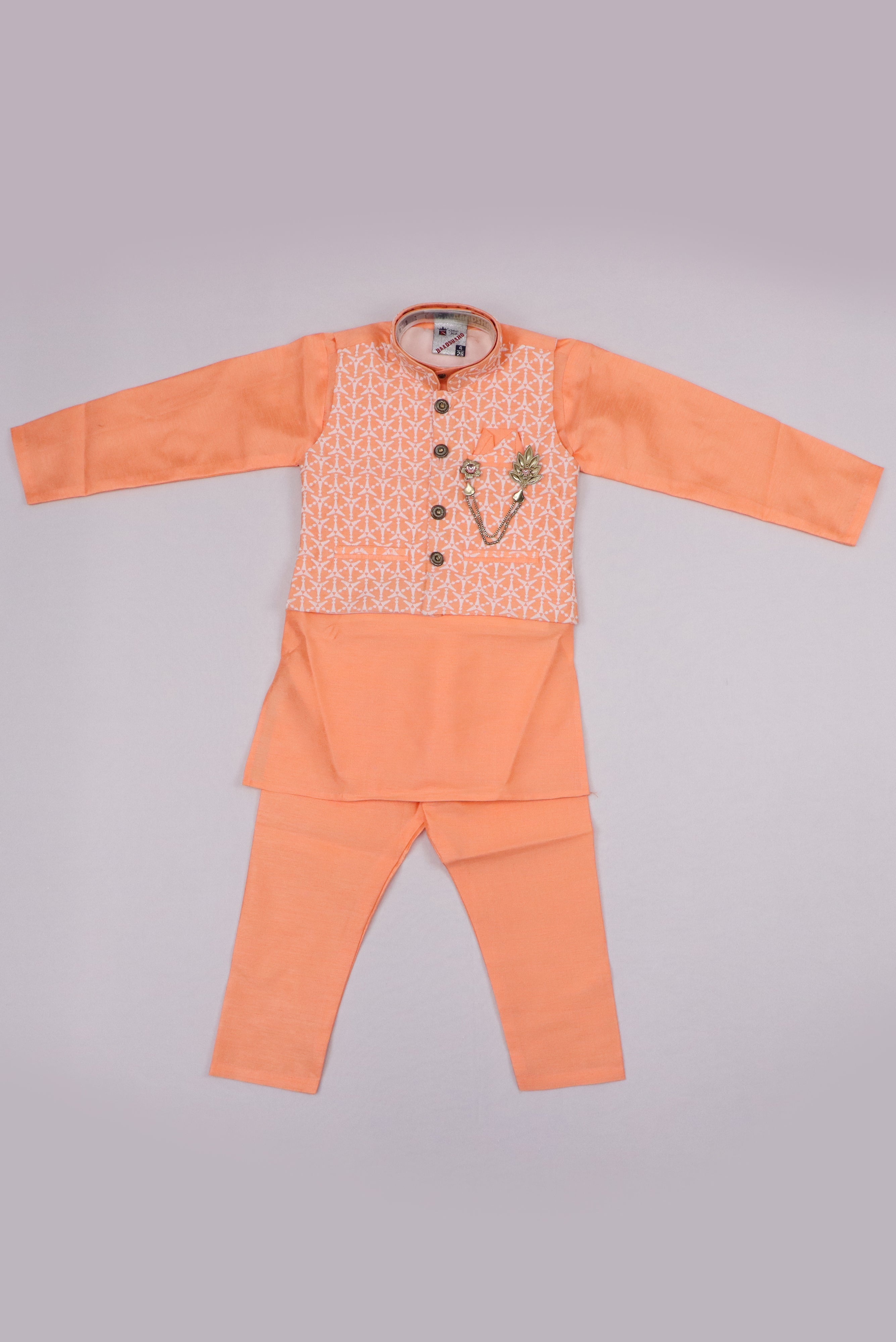 PEACH PINK BOYS 3PCS KURTA PYJAMA WITH JACKET SET GRABO365