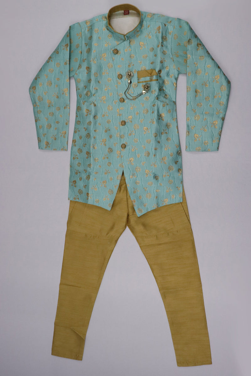 LIGHT TURQUOISE AND GOLDEN BOYS FULL SLEEVE KURTA PYJAMA SET GRABO365