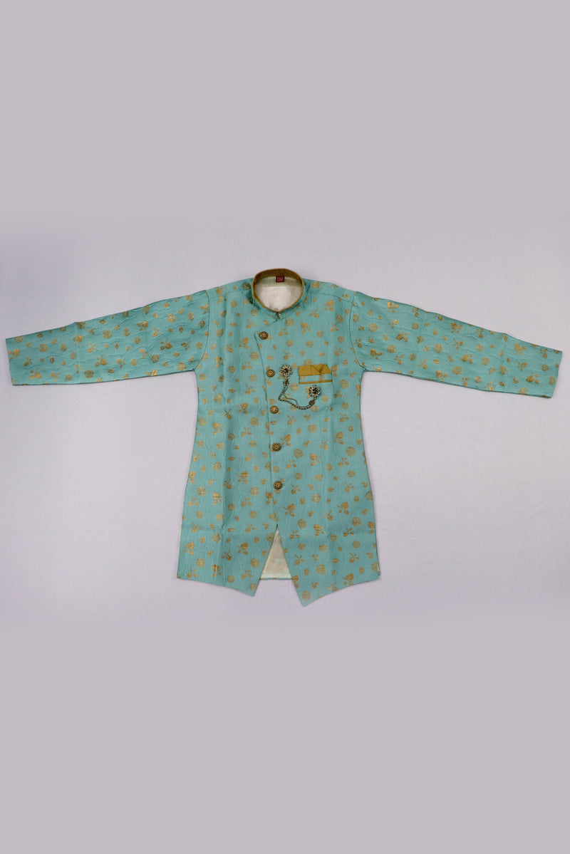 LIGHT TURQUOISE AND GOLDEN BOYS FULL SLEEVE KURTA PYJAMA SET GRABO365