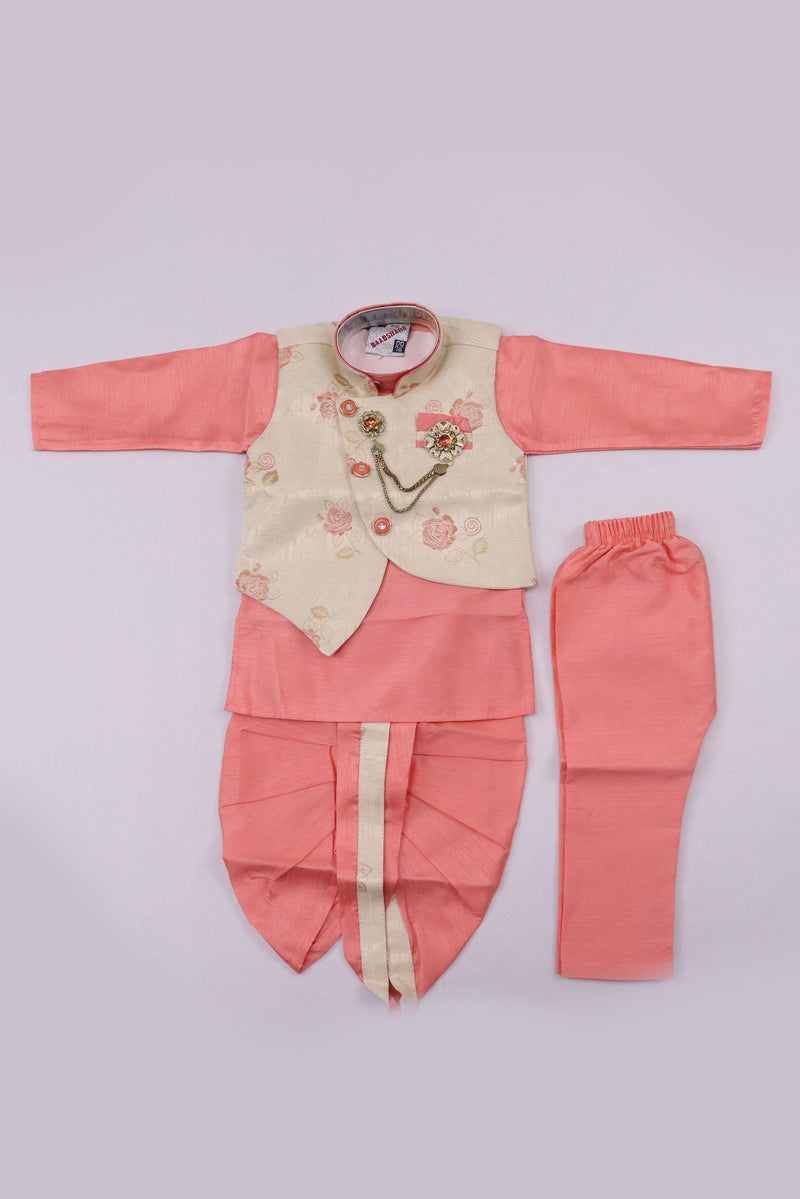 PINK AND CREAM BABY BOYS 4PCS KURTA PYJAMA WITH JACKET IN FLORAL PATTERN GRABO365