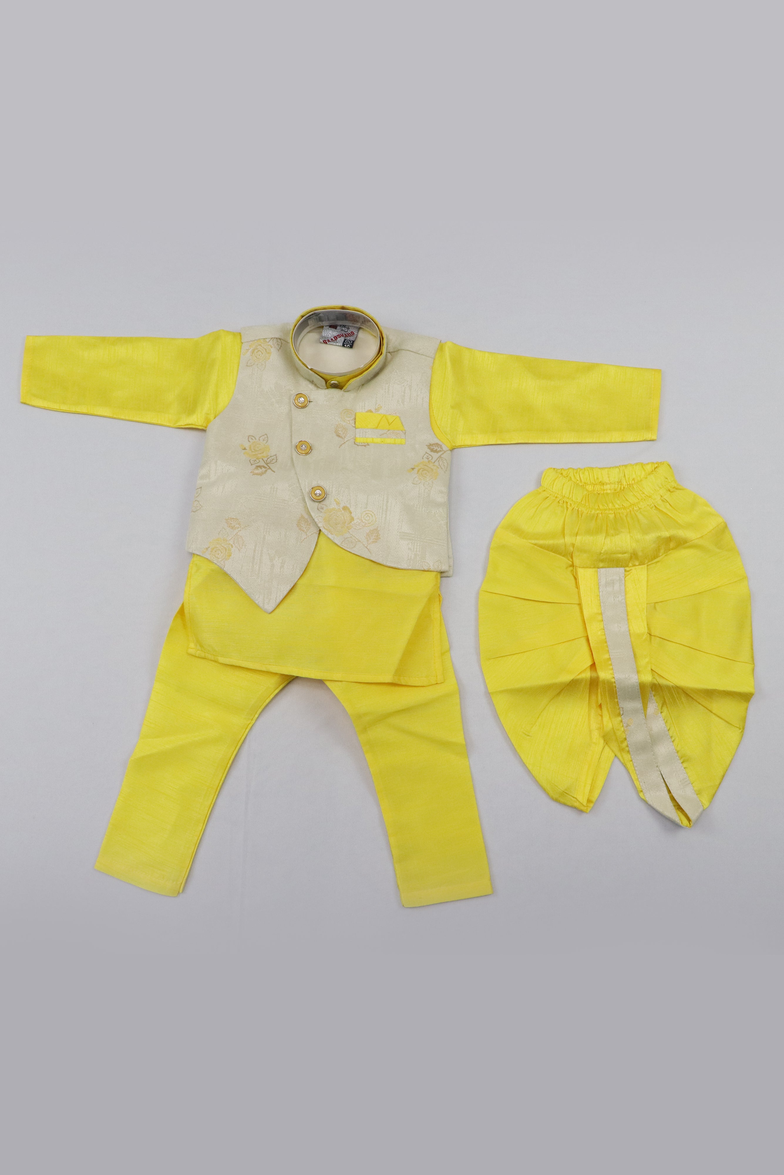 YELLOW AND CREAM BABY BOYS 4PCS KURTA PYJAMA WITH JACKET IN FLORAL PATTERN GRABO365