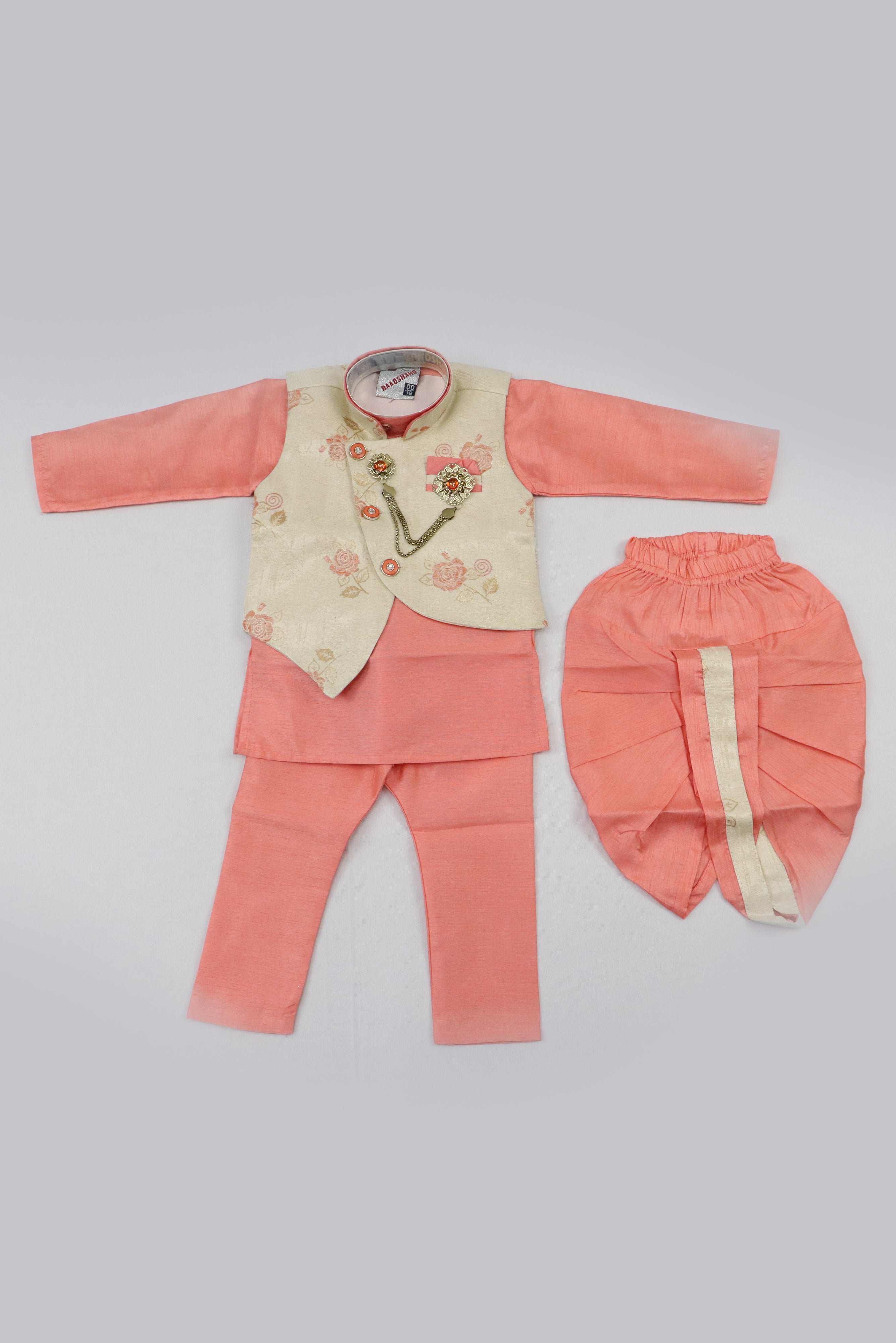 PINK AND CREAM BABY BOYS 4PCS KURTA PYJAMA WITH JACKET IN FLORAL PATTERN GRABO365