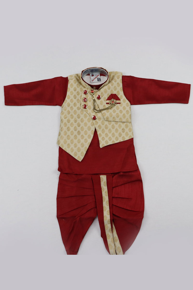 RED AND CREAM BABY BOYS 3PCS KURTA PYJAMA WITH JACKET SET GRABO365