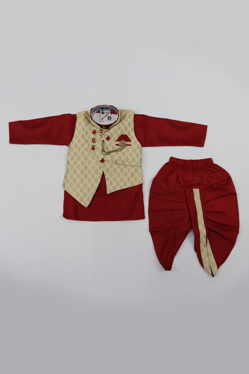 RED AND CREAM BABY BOYS 3PCS KURTA PYJAMA WITH JACKET SET GRABO365