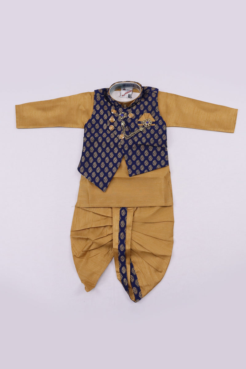 NAVY BLUE AND BROWN BABY BOYS 3PCS KURTA PYJAMA WITH JACKET SET GRABO365