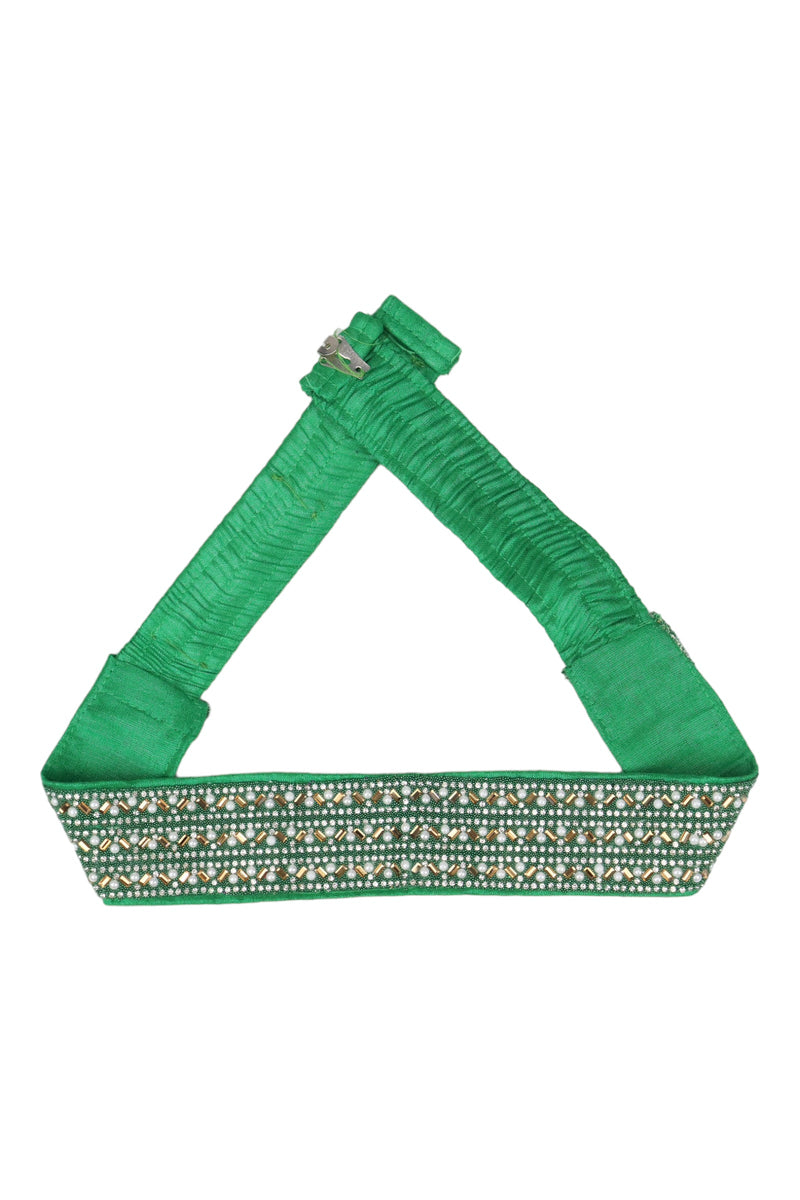 SEQUENCE PEARL & STONE WORK STRETCHABLE CLOTH HIP BELT/SAREE BELT - GREEN GRABO365