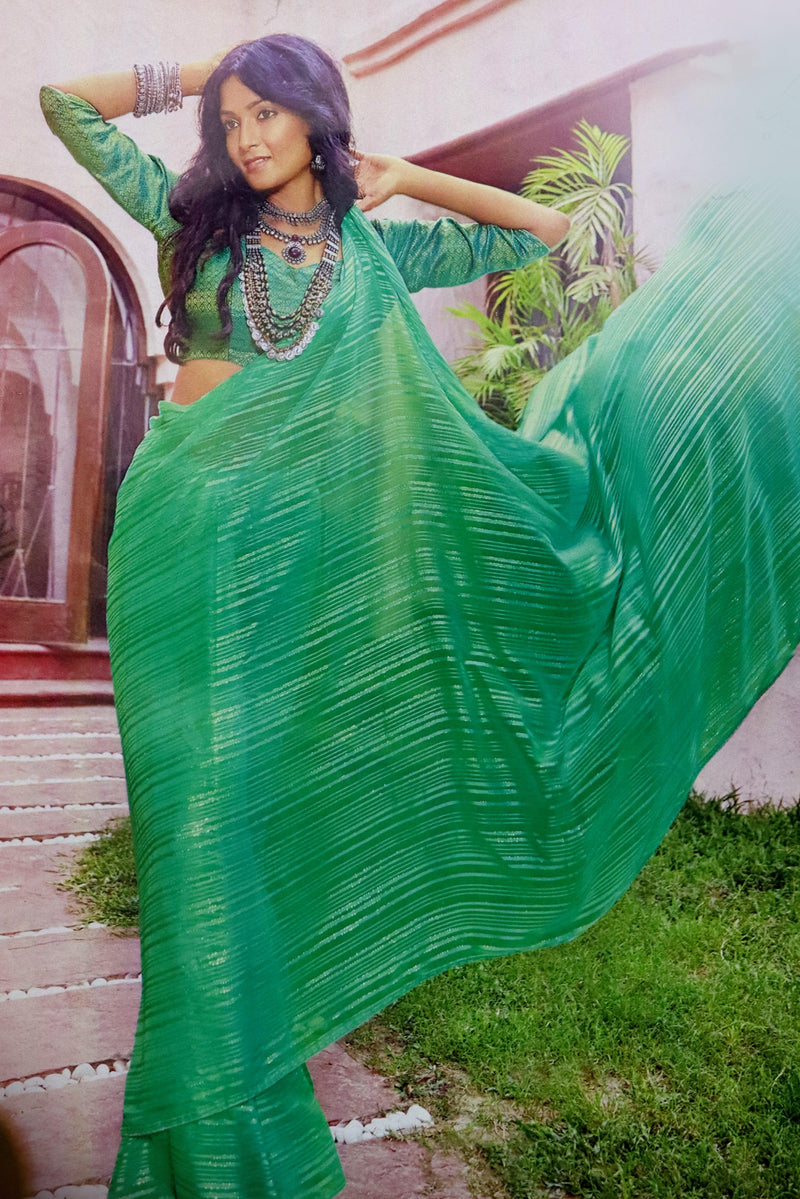 WOMEN'S PISTACHIO GREEN CHIFFON SAREE WITH SILVER LINES GRABO365