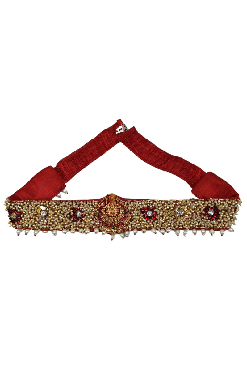 HANDMADE MULTI STONE WORK STRETCHABLE CLOTH HIP BELT/SAREE BELT - RED GRABO365