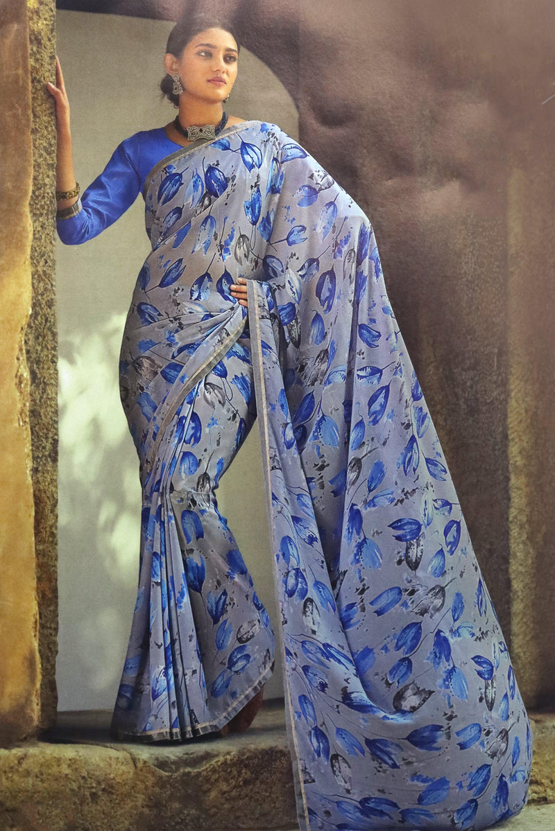 WOMEN'S FLORAL PRINTED GEORGETTE SAREE - GREY & BLUE GRABO365