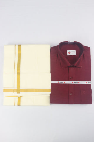 MEN'S GOLD ZARI BORDER DOUBLE DHOTI & SHIRT SET - DARK MAROON