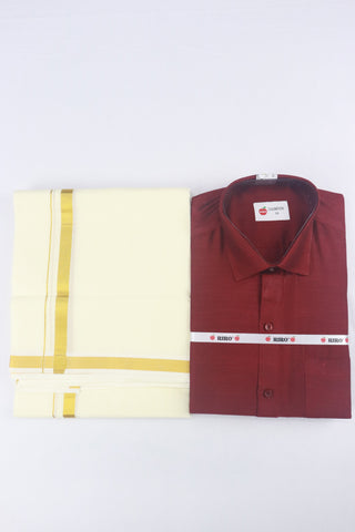 MEN'S GOLD ZARI BORDER DOUBLE DHOTI & SHIRT SET - MAROON