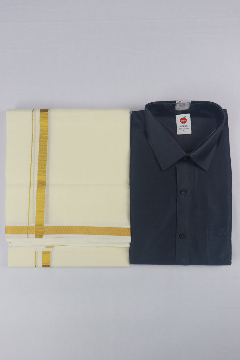 MEN'S GOLD ZARI BORDER DOUBLE DHOTI & SHIRT SET - GREY GRABO365