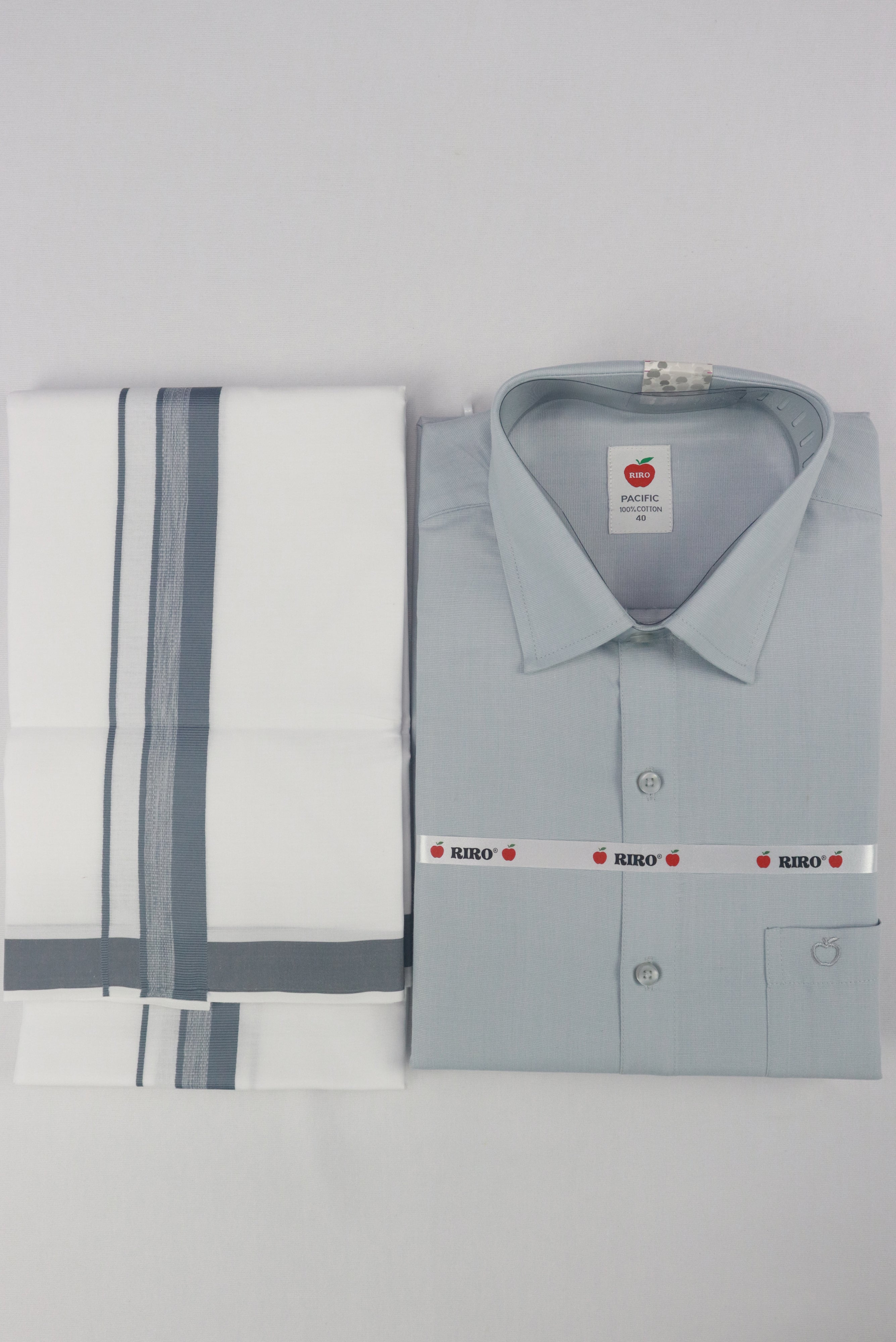 MEN'S MATCHING FANCY BORDER SINGLE DHOTI & SHIRT SET- SLATE GREY GRABO365