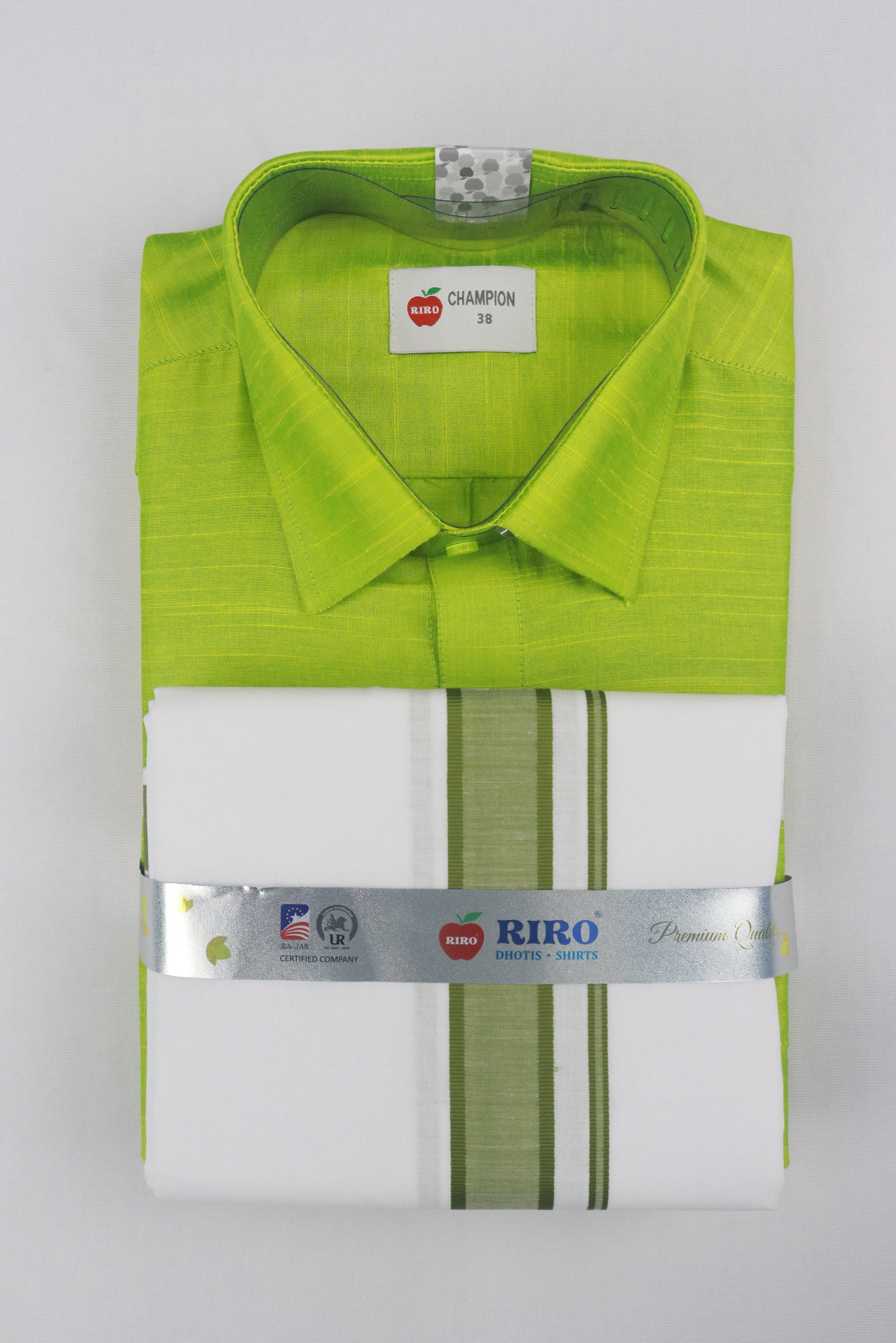 MEN'S MATCHING FANCY BORDER SINGLE DHOTI & SHIRT SET- LIME GREEN GRABO365