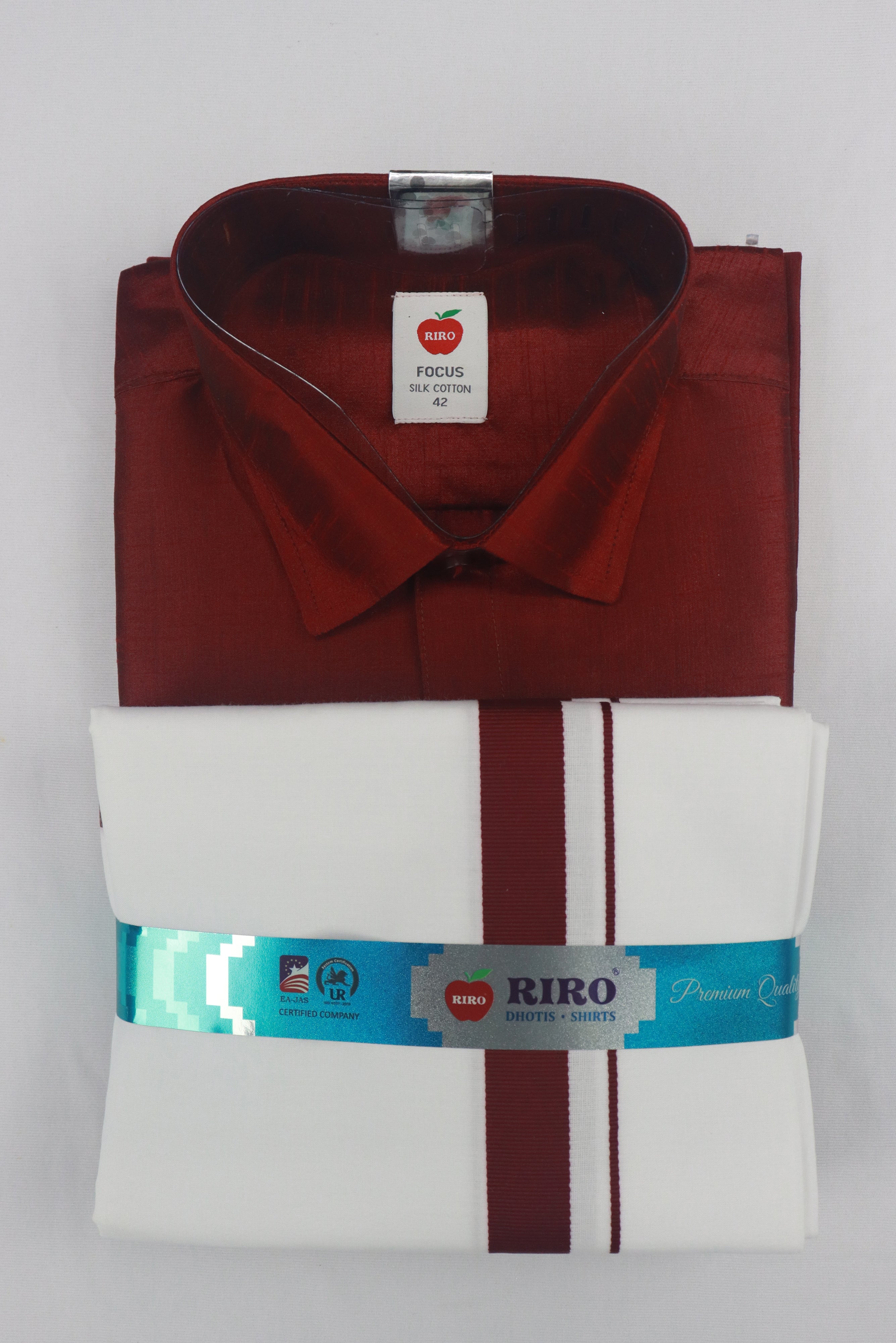 MEN'S MATCHING FANCY BORDER SINGLE DHOTI & SHIRT SET- MAROON GRABO365