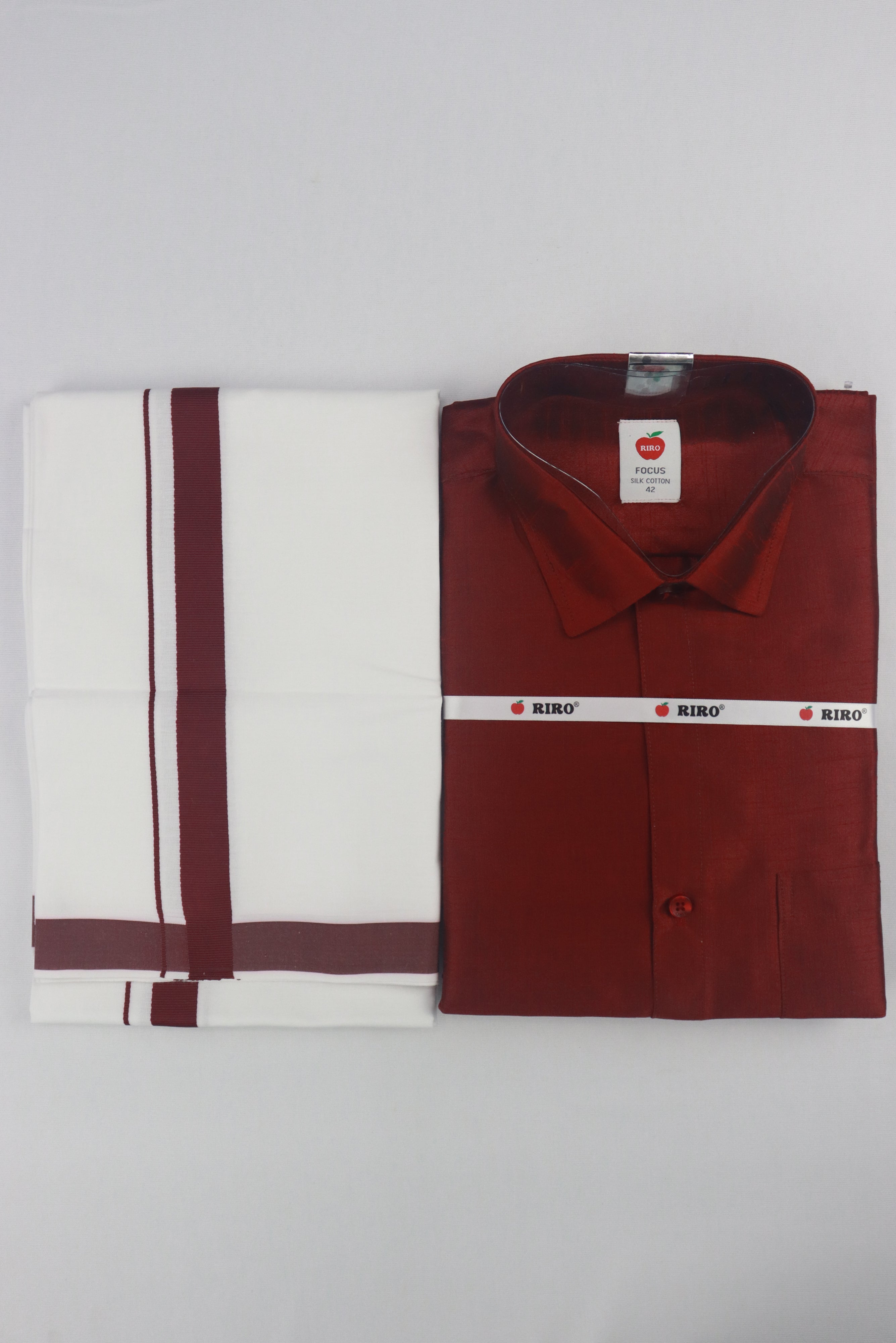 MEN'S MATCHING FANCY BORDER SINGLE DHOTI & SHIRT SET- MAROON GRABO365