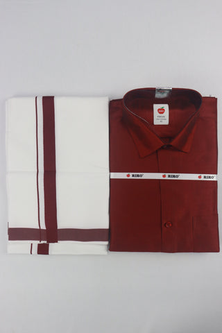 MEN'S MATCHING FANCY BORDER SINGLE DHOTI & SHIRT SET- MAROON