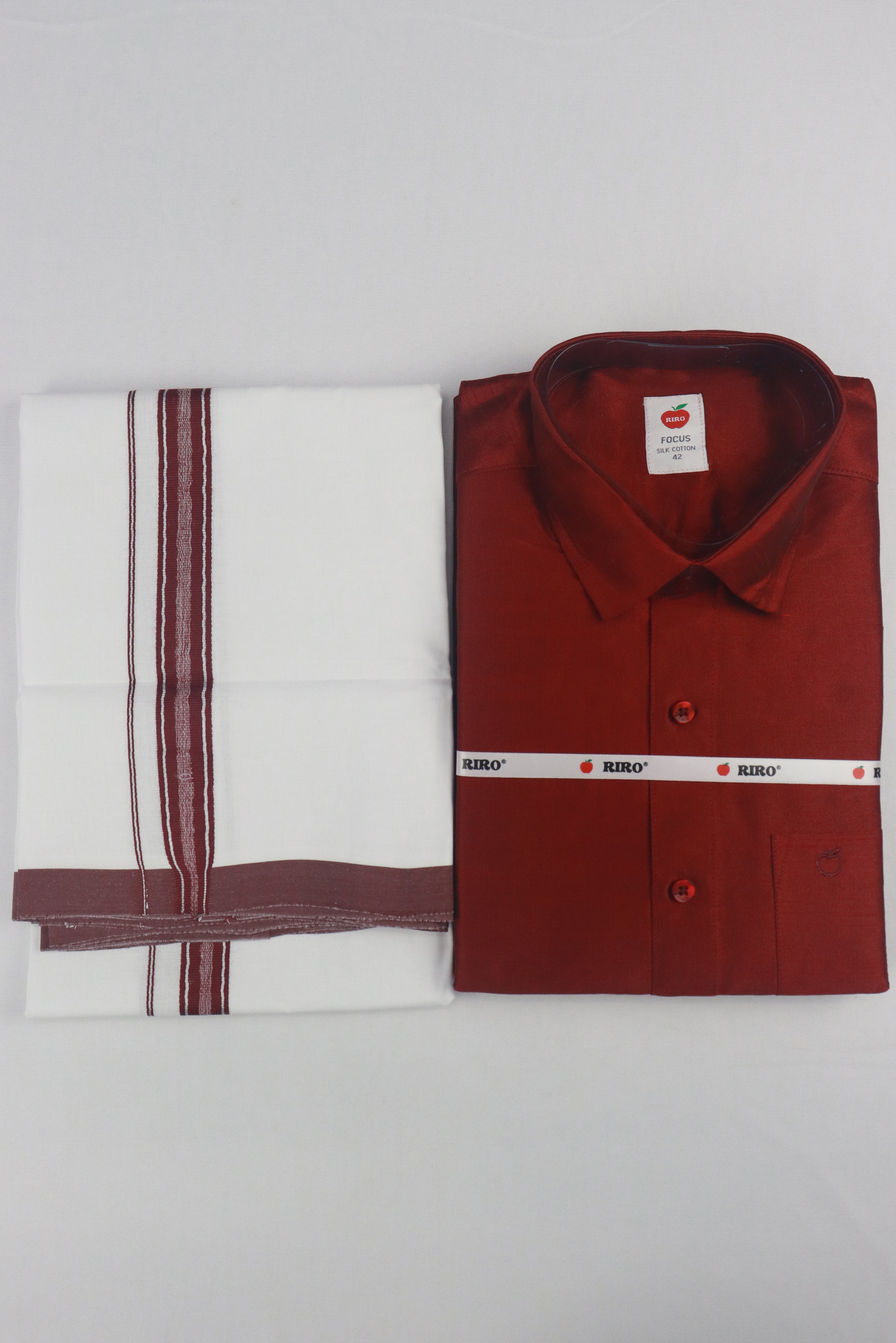 MEN'S MATCHING FANCY BORDER SINGLE DHOTI & SHIRT SET- MAROON GRABO365