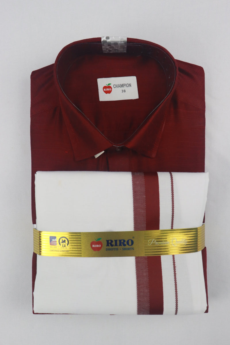 MEN'S MATCHING FANCY BORDER SINGLE DHOTI & SHIRT SET- MAROON GRABO365