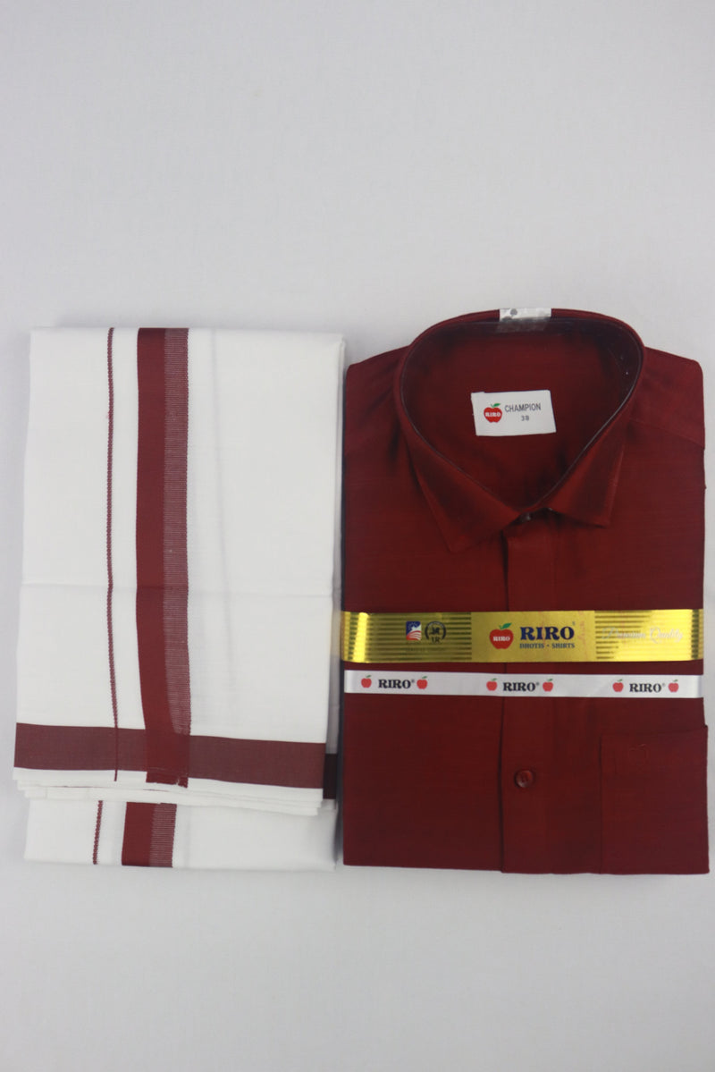 MEN'S MATCHING FANCY BORDER SINGLE DHOTI & SHIRT SET- MAROON GRABO365