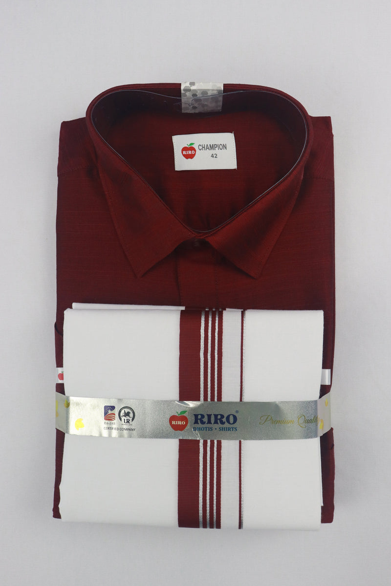 MEN'S MATCHING FANCY BORDER SINGLE DHOTI & SHIRT SET- MAROON GRABO365