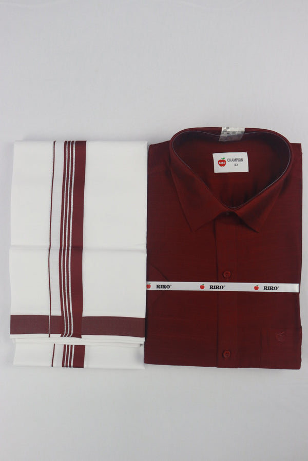 MEN'S MATCHING FANCY BORDER SINGLE DHOTI & SHIRT SET- MAROON GRABO365