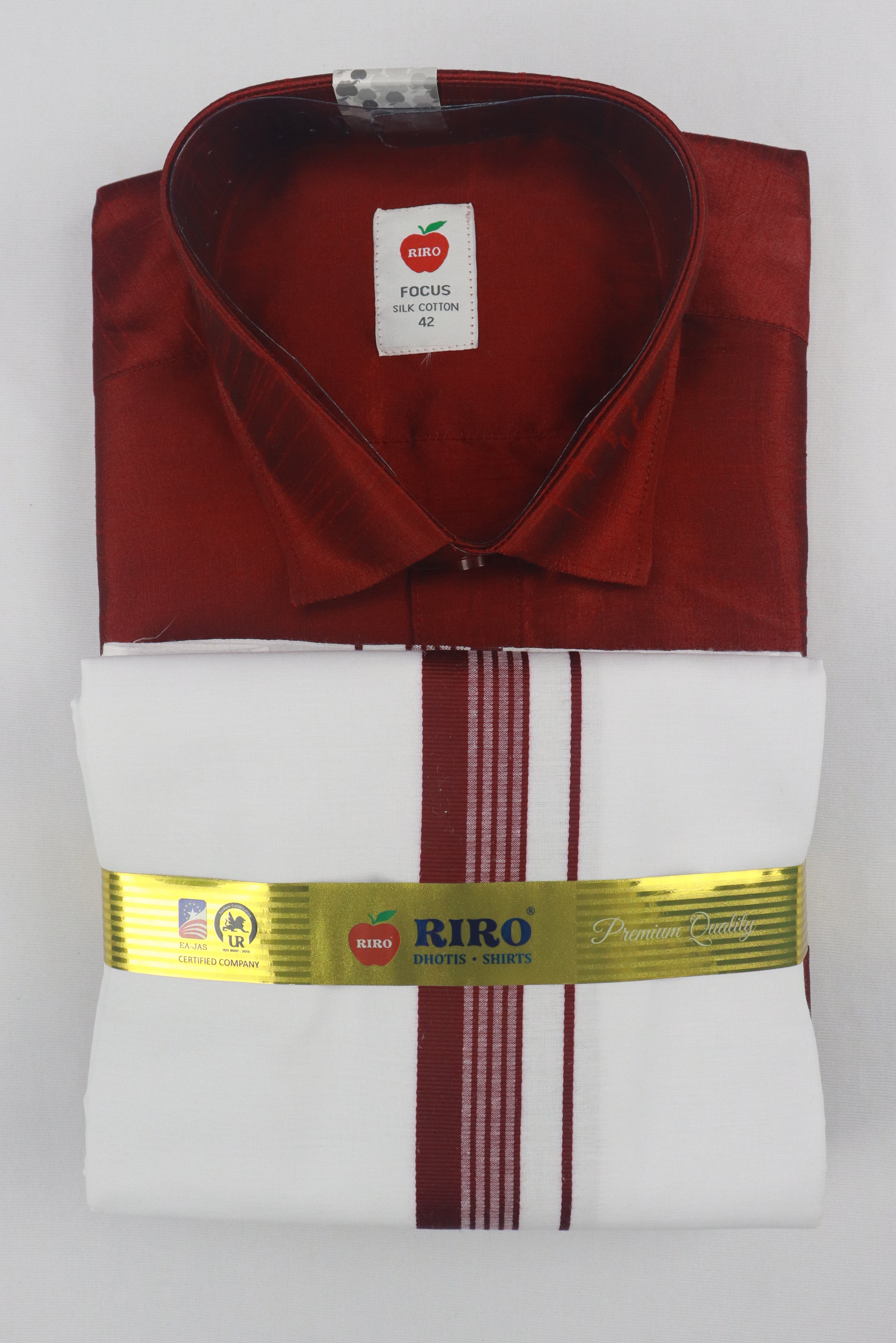 MEN'S MATCHING FANCY BORDER SINGLE DHOTI & SHIRT SET- MAROON GRABO365