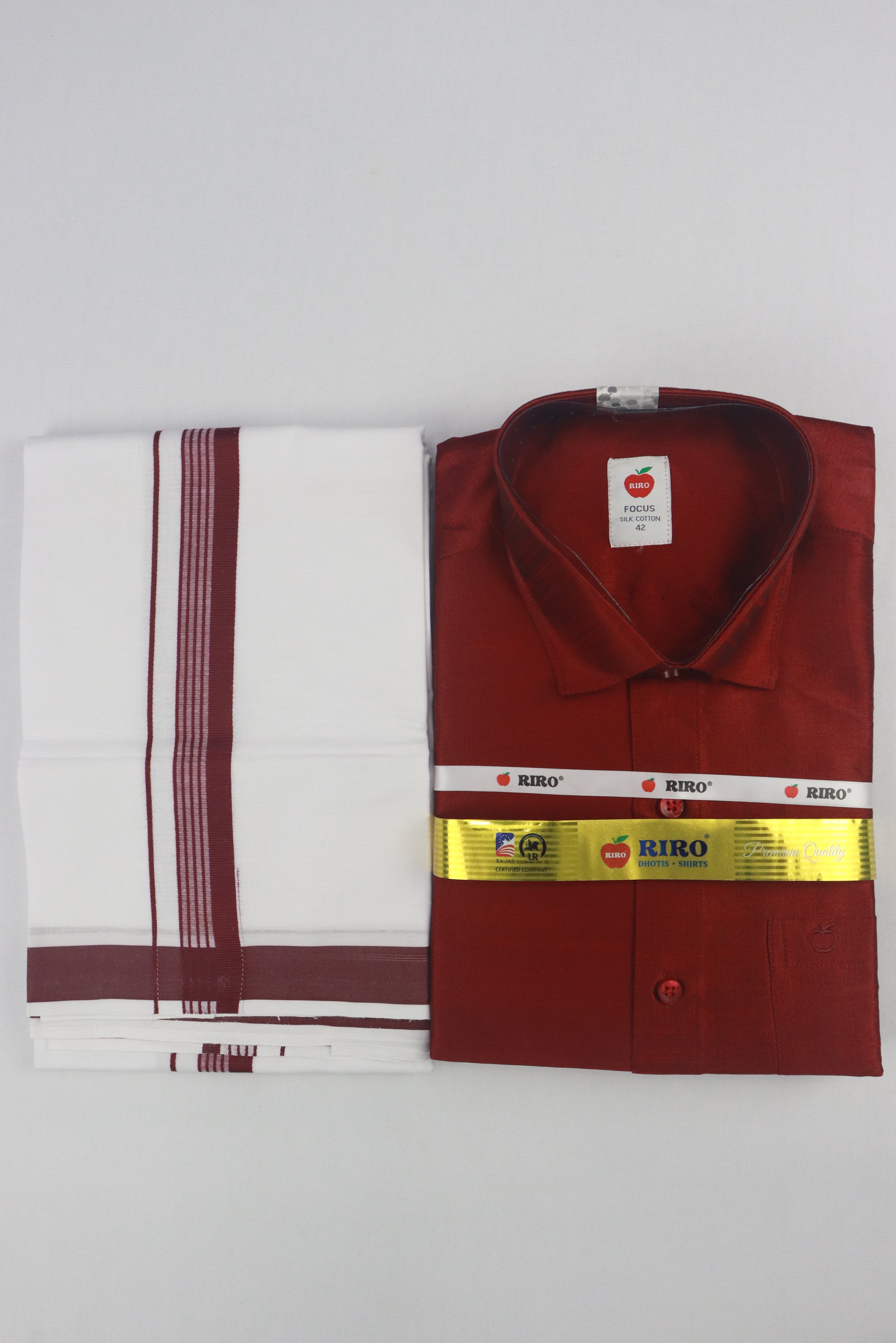 MEN'S MATCHING FANCY BORDER SINGLE DHOTI & SHIRT SET- MAROON GRABO365