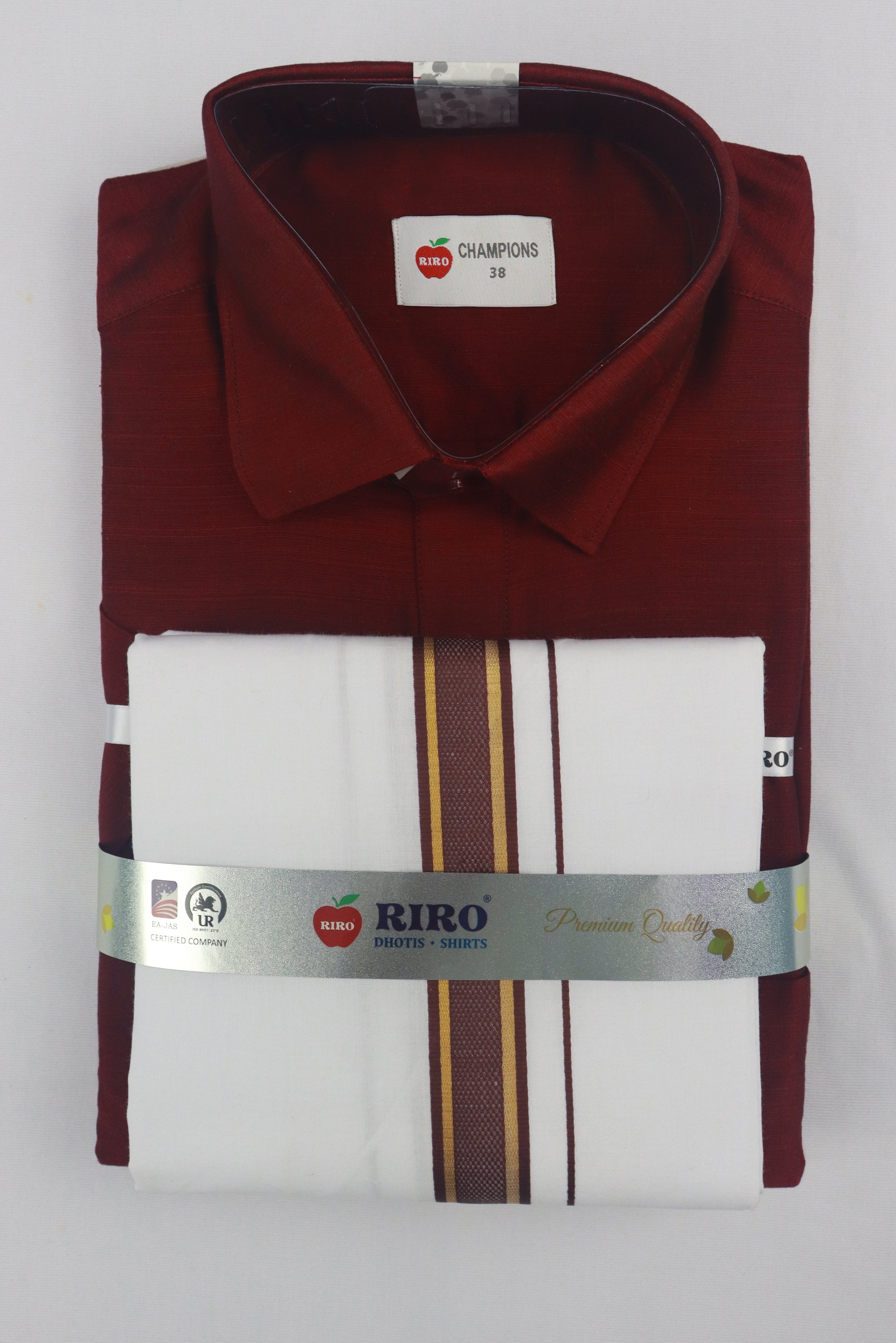 MEN'S MATCHING FANCY BORDER SINGLE DHOTI & SHIRT SET- MAROON GRABO365