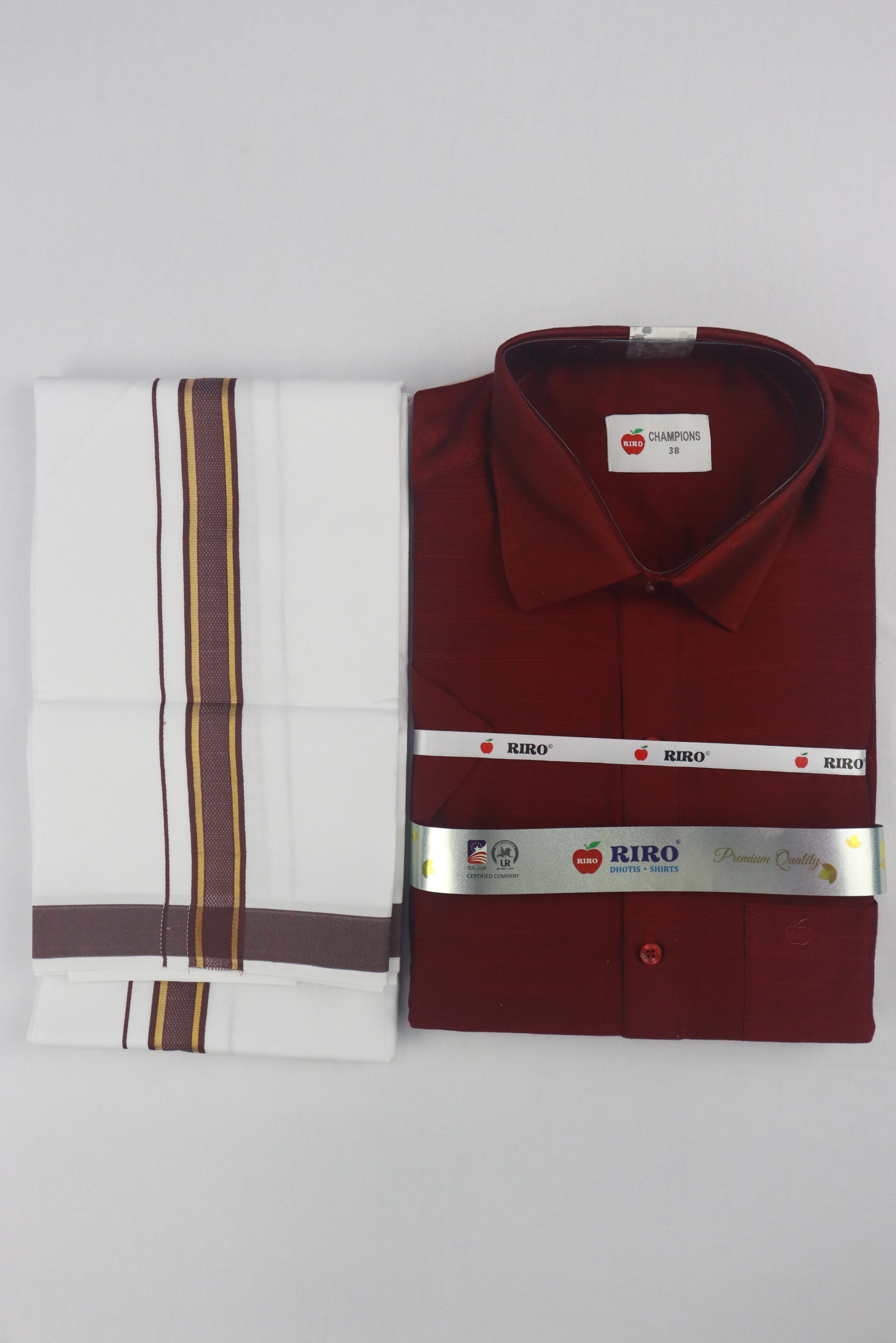 MEN'S MATCHING FANCY BORDER SINGLE DHOTI & SHIRT SET- MAROON GRABO365