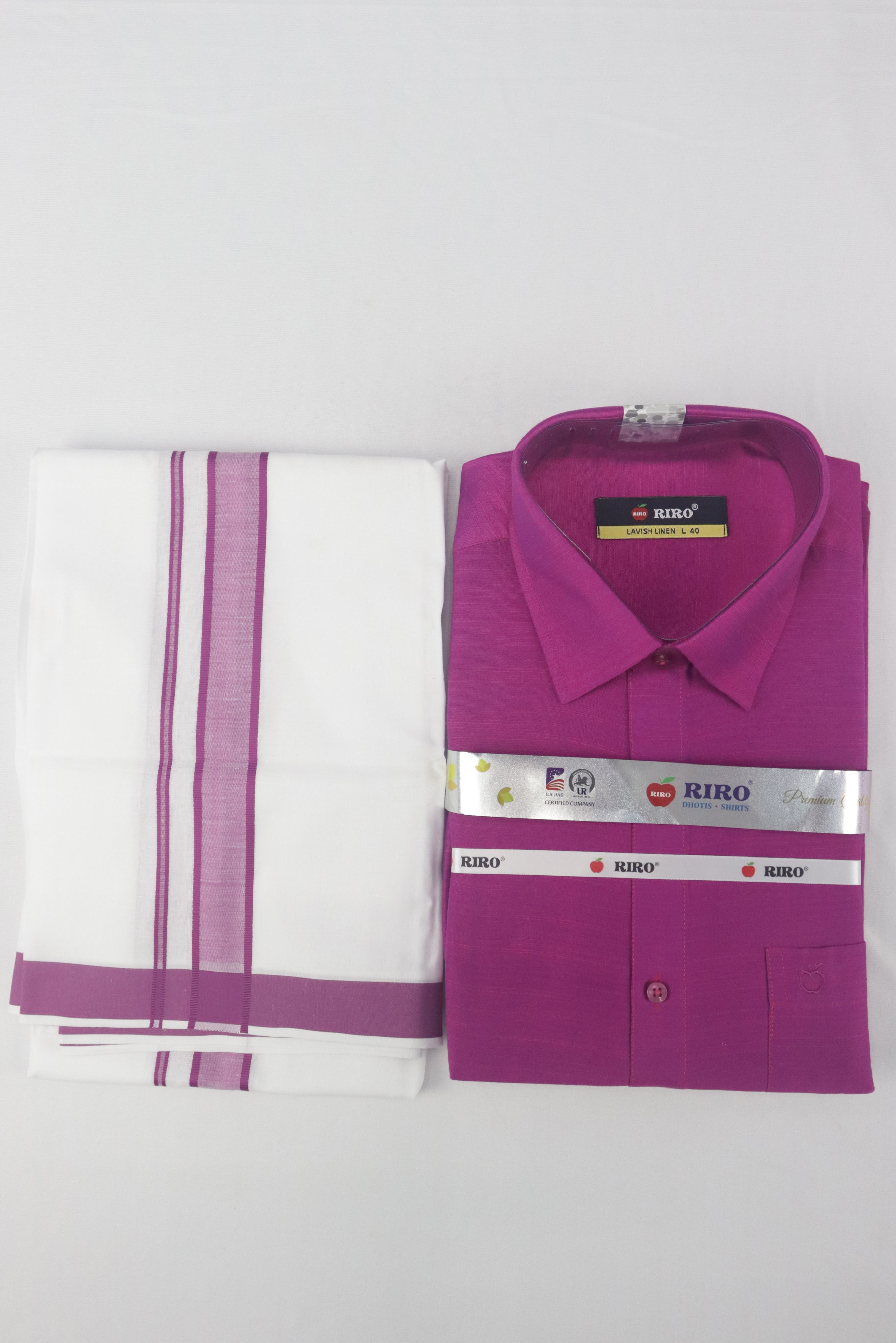 MEN'S MATCHING FANCY BORDER SINGLE DHOTI & SHIRT SET- PINK GRABO365