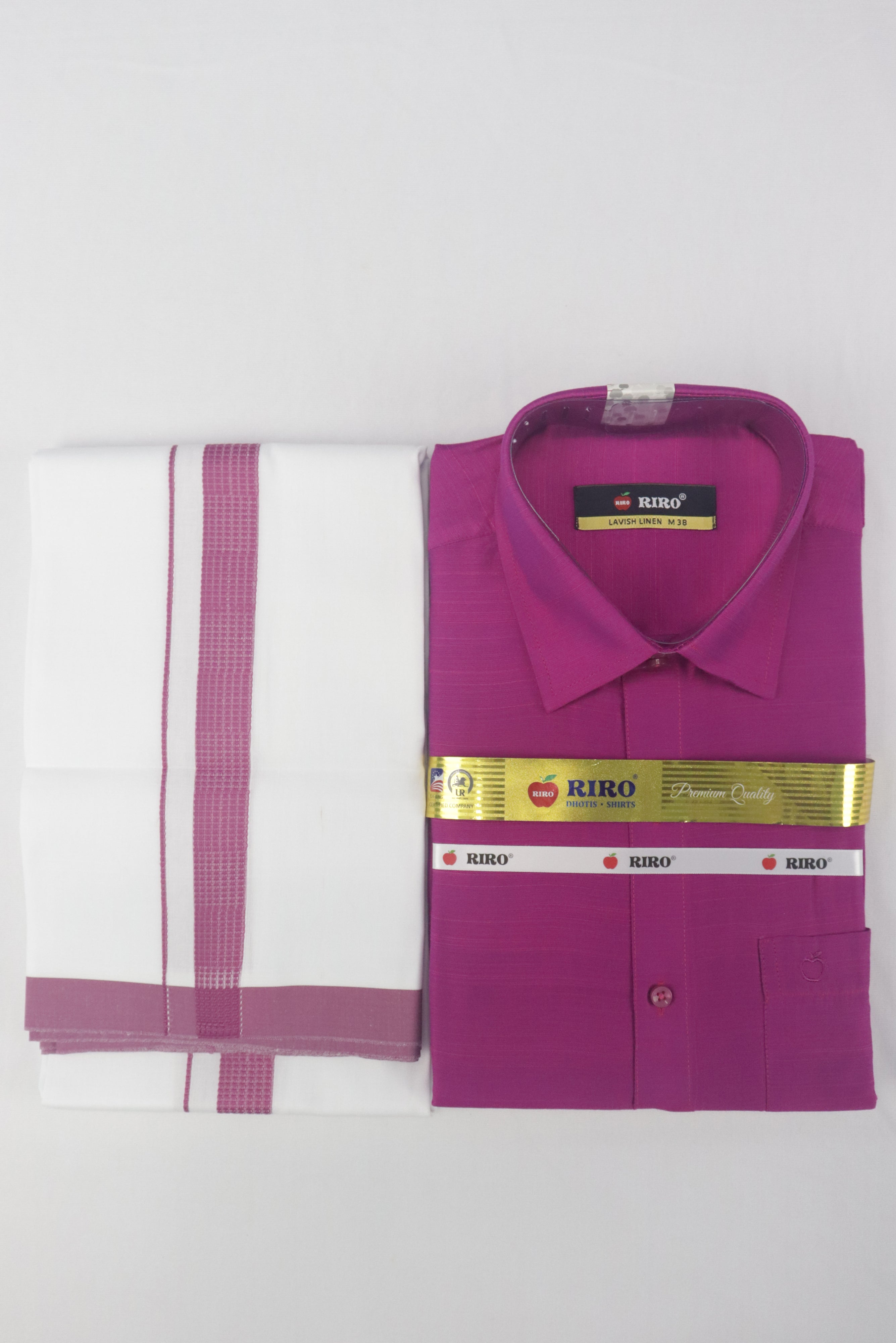 MEN'S MATCHING FANCY BORDER SINGLE DHOTI & SHIRT SET- PINK GRABO365