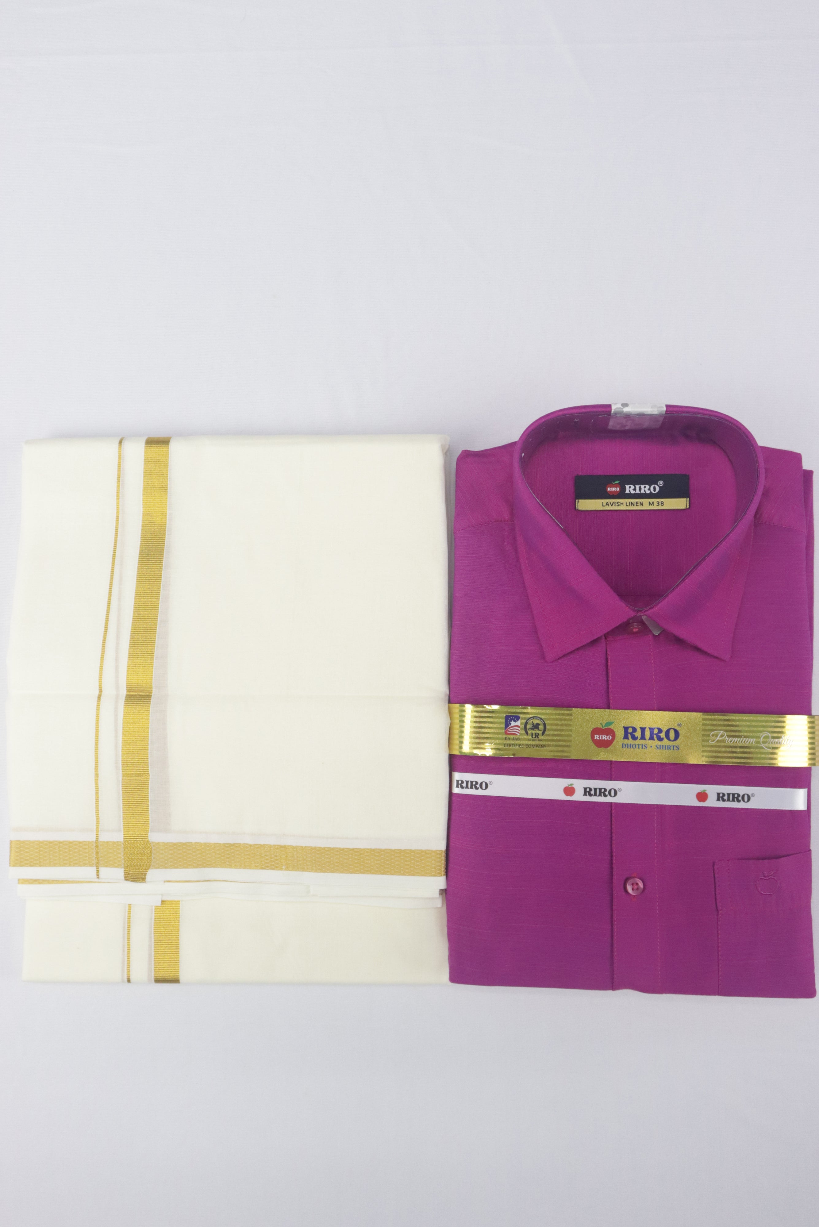 MEN'S GOLD ZARI BORDER DOUBLE DHOTI & SHIRT SET - PINK GRABO365