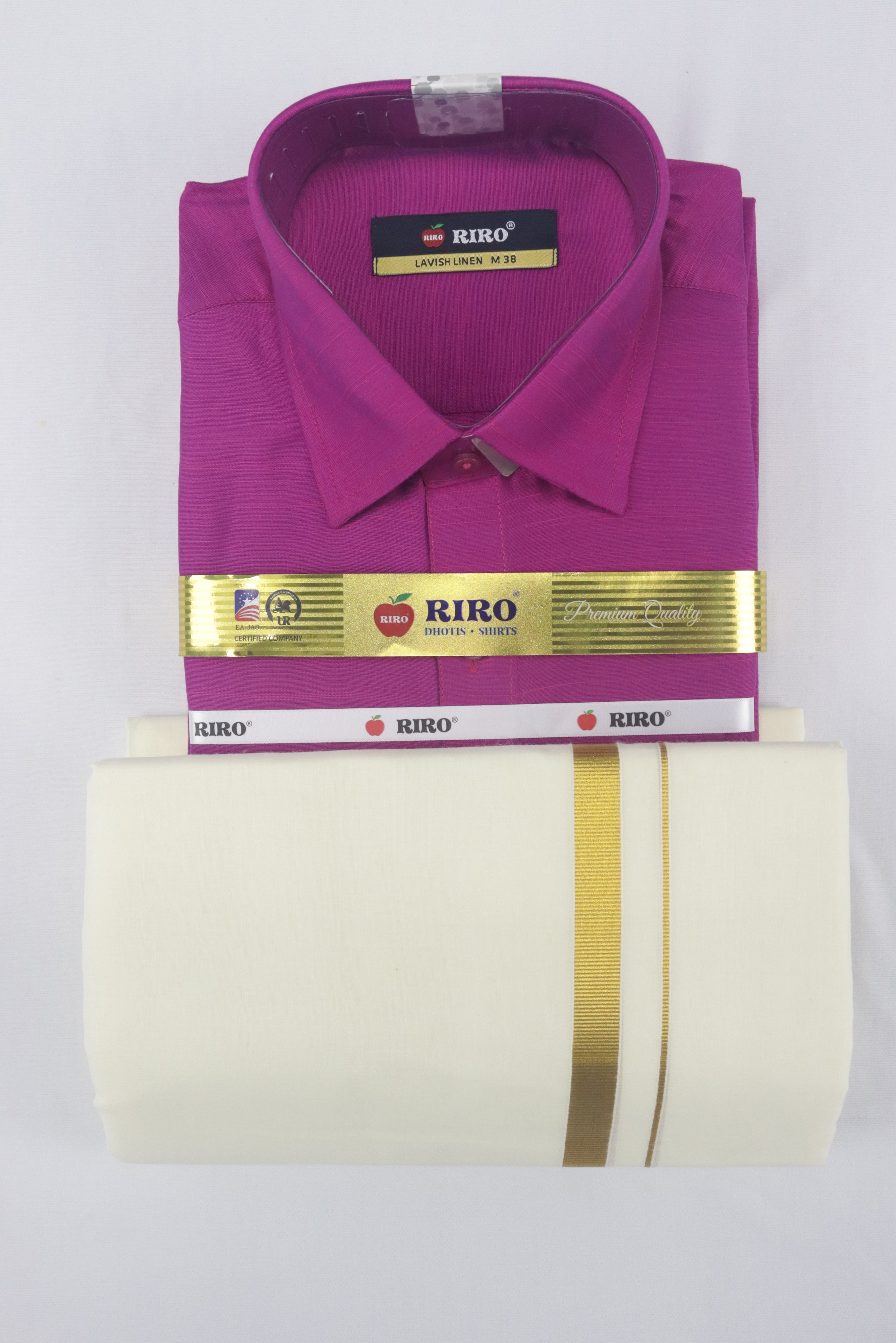 MEN'S GOLD ZARI BORDER DOUBLE DHOTI & SHIRT SET - PINK GRABO365