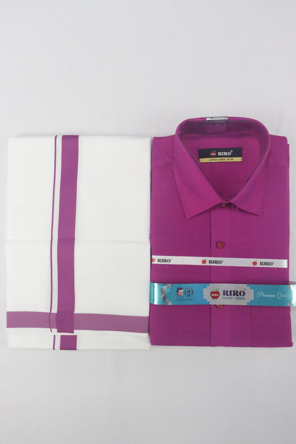 MEN'S MATCHING FANCY BORDER SINGLE DHOTI & SHIRT SET- PINK GRABO365