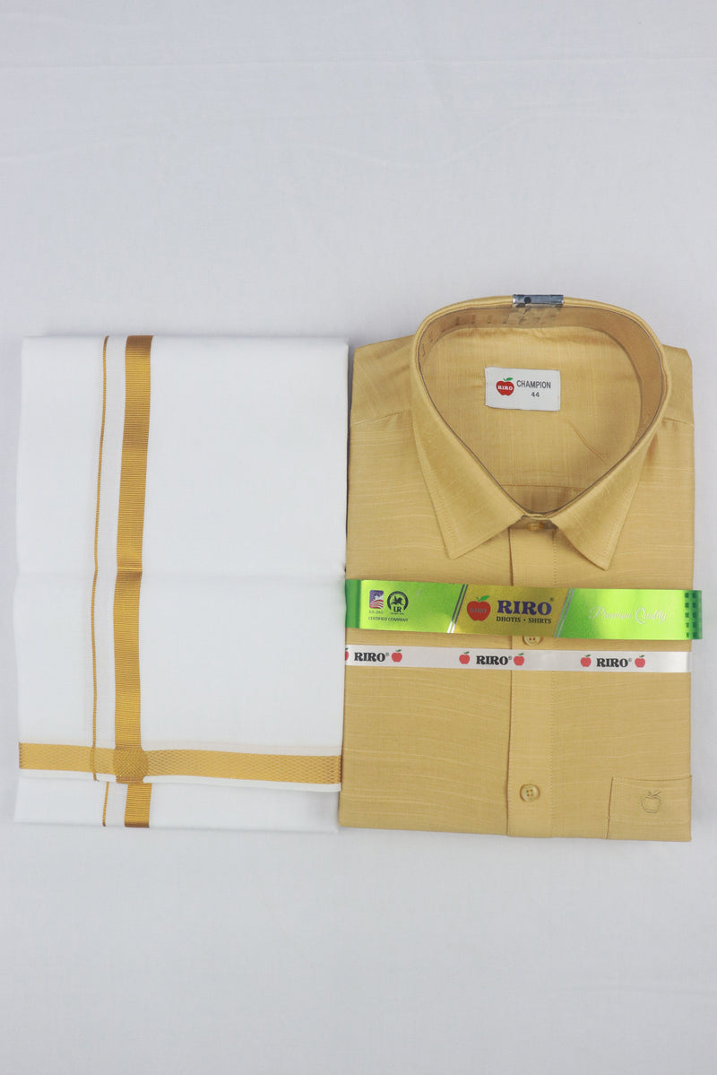 MEN'S GOLD ZARI BORDER SINGLE DHOTI & SHIRT SET - SANDAL GRABO365